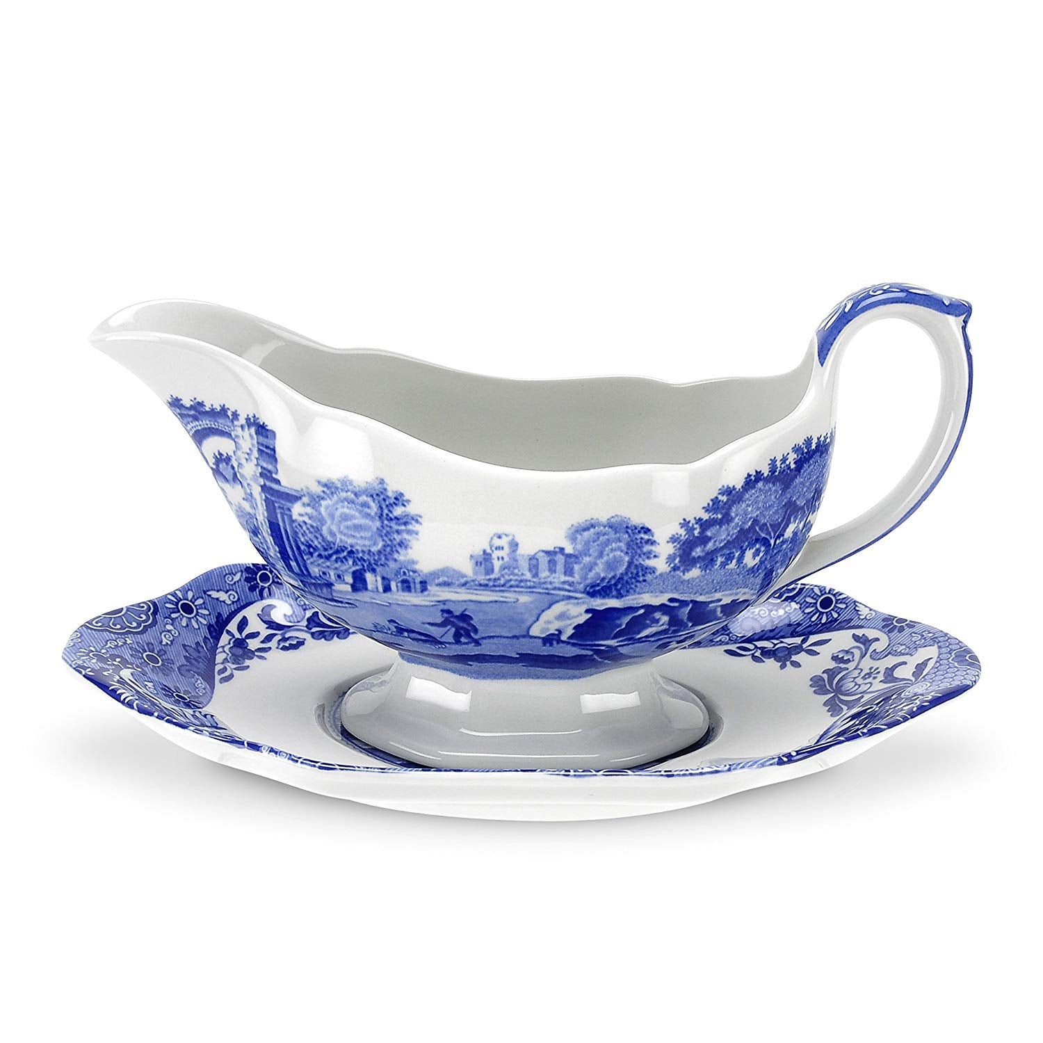 Spode Blue Italian Gravy Boat And Saucer  Spout For Gravy, Sauces, And Salad Dressings  Earthenware  9-Ounce Capacity  Large Han