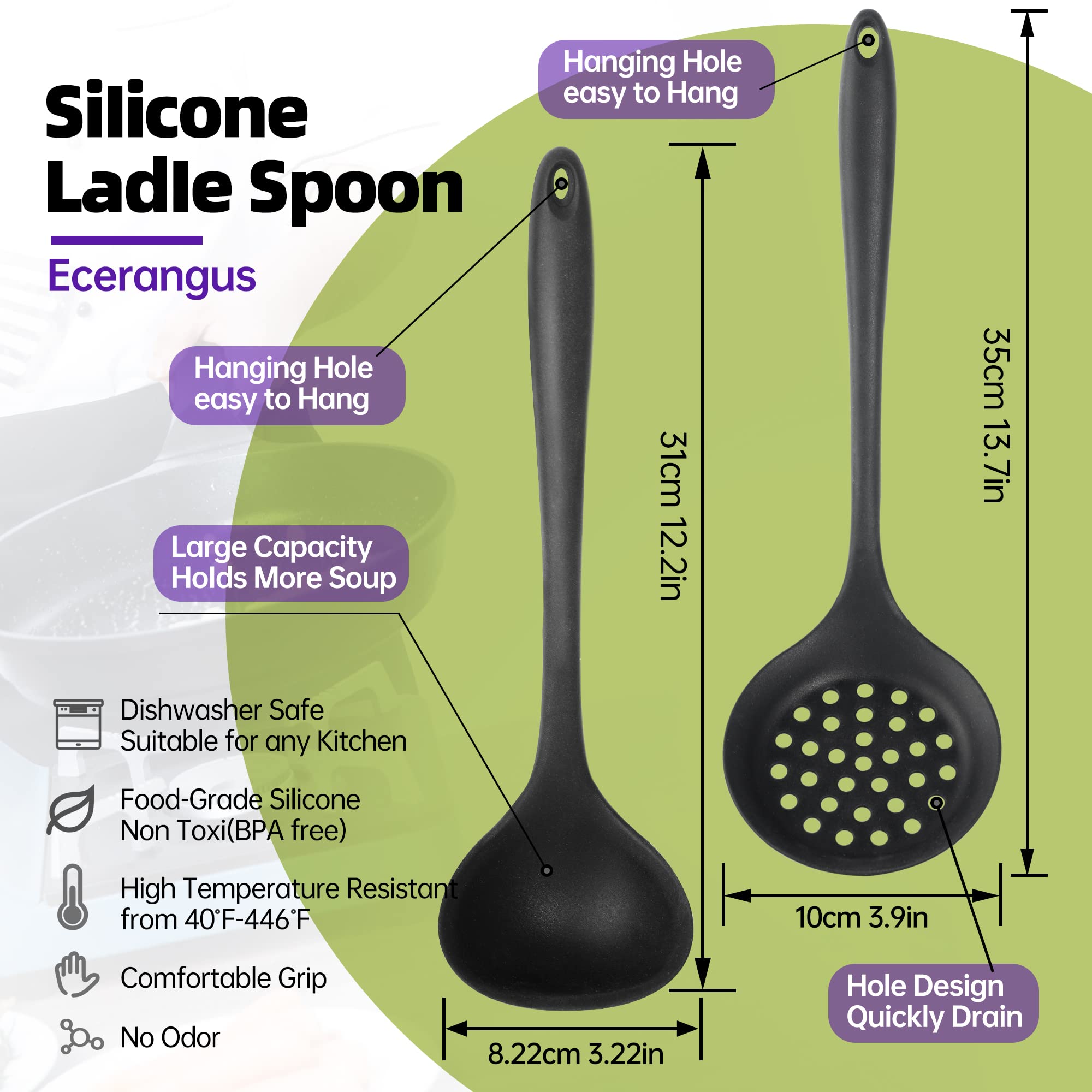 Silicone Soup Ladle Spoon Set Of 2,Silicone Nonstick Large Skimmer Slotted Spoons,Kitchen Ladle Strainer Spoons Heat Resistant C