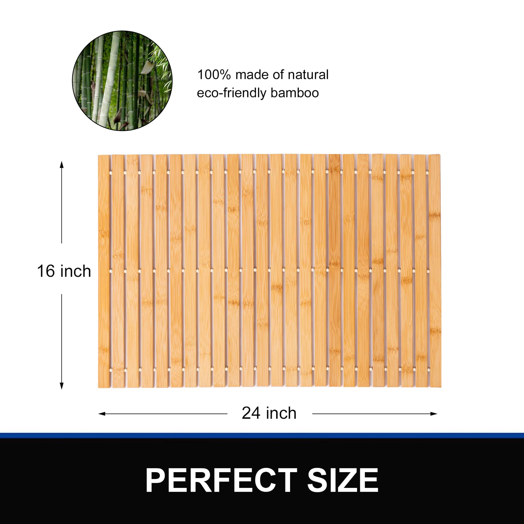 Bamboo Bath Mat Bathroom Rugs Floor Wood Shower Bathtub Waterproof Non Slip Natural Bamboo Accessories 16X24 Inch Easy To Clean,