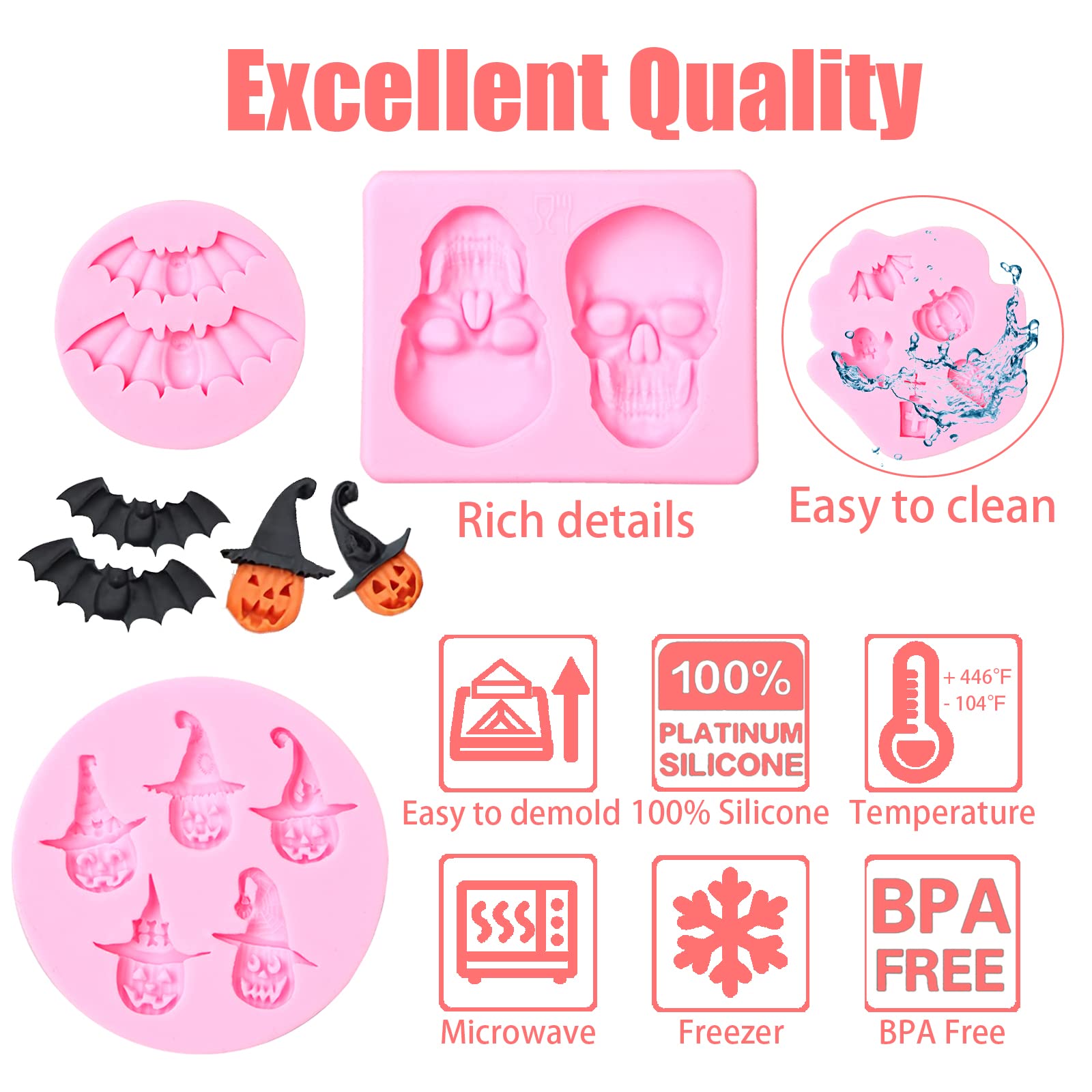 Halloween Cake Skull Fondant Molds 4 Pcs, Chocolate Pumpkin Bat Spider Silicone Mould For Halloween Cake Decorations Cake Decora