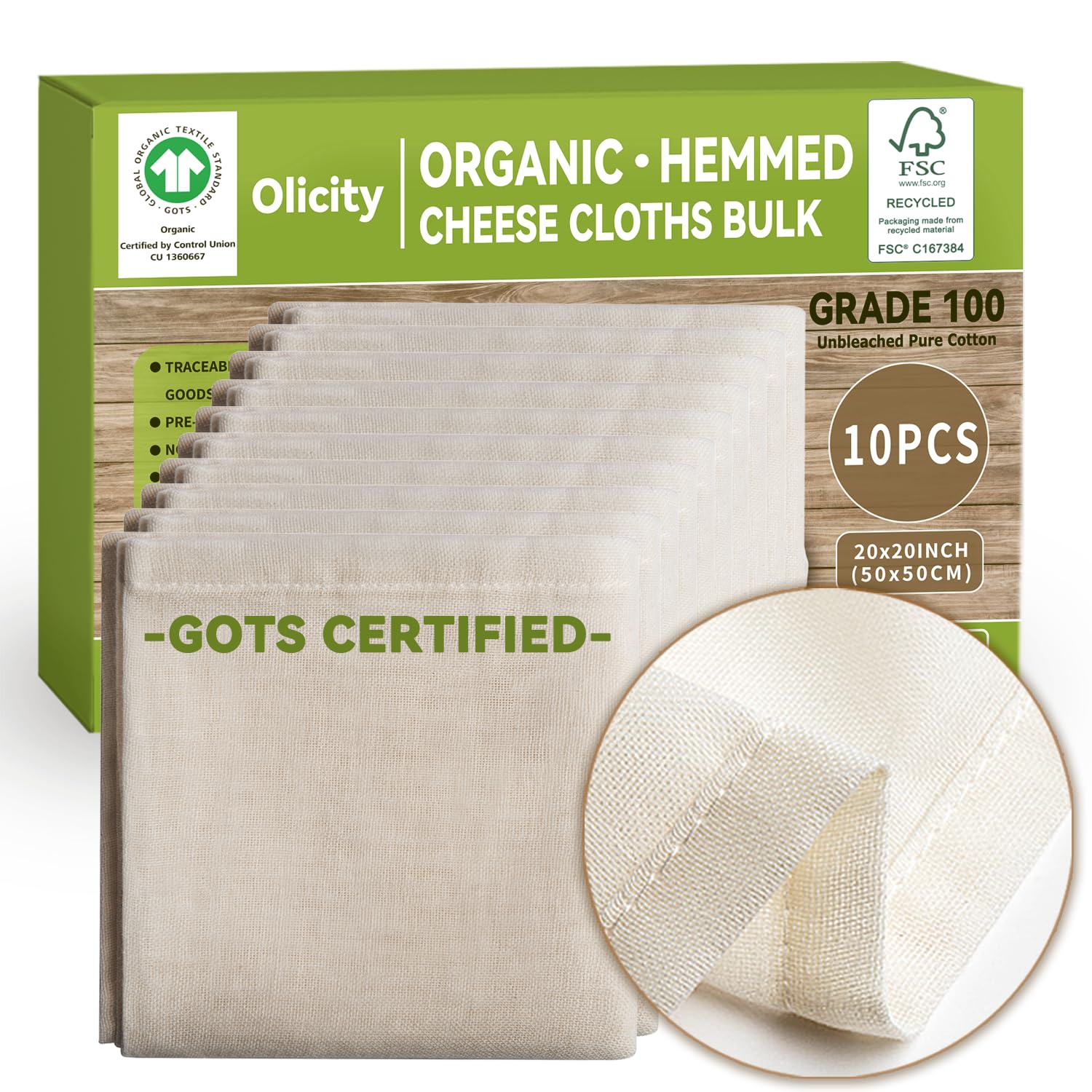Organic Cheesecloth Bulk,GOTS Certified,10Pack,Grade 100,20x20Inch Hemmed Cheese Cloths Fabric Reusable Fine Mesh Cloth,100% Cot