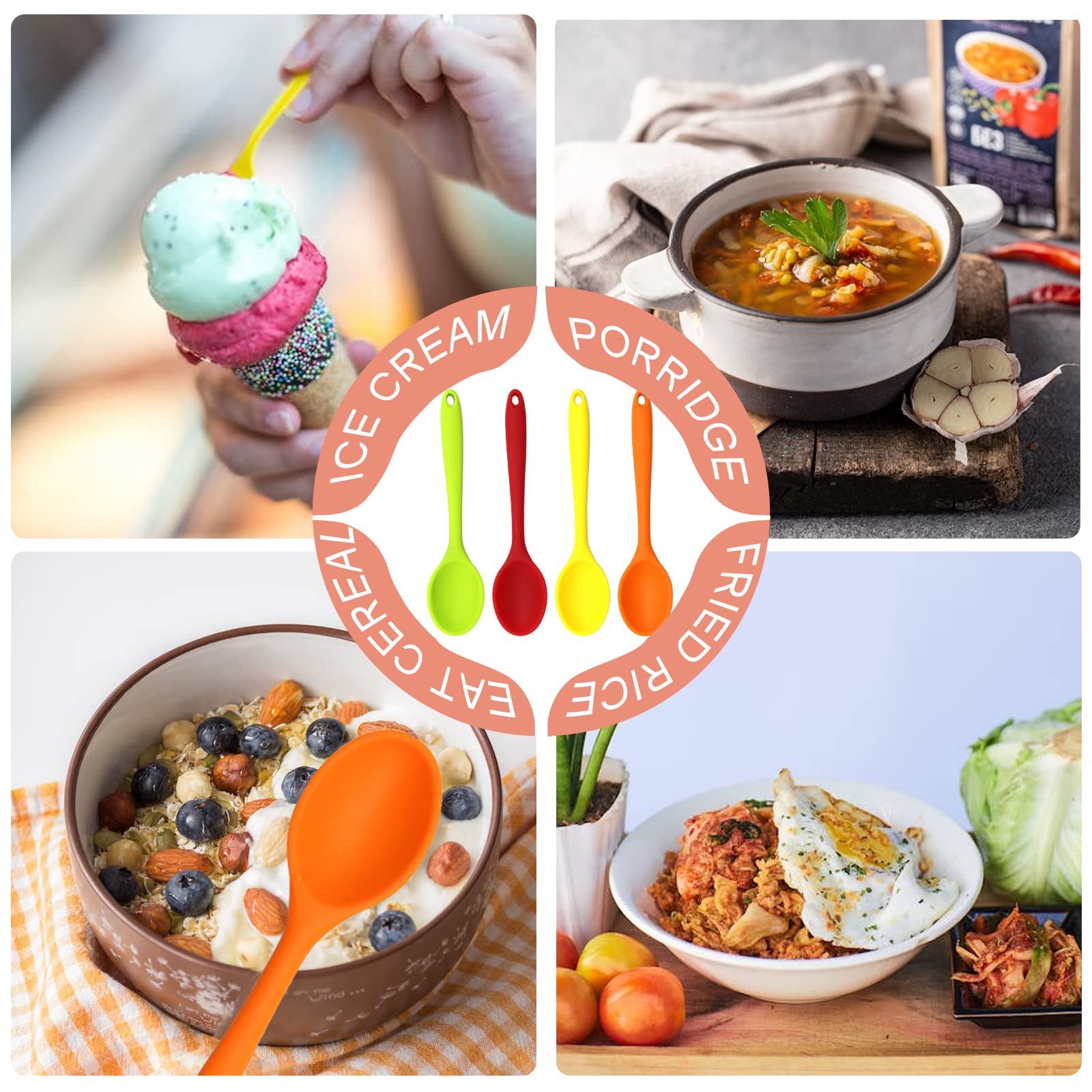 4 Pieces Silicone Mixing Spoon Heat Resistant Basting Spoon Utensil Spoon Non-Stick Spoon 8.2'' Multicolored Spoons Set For Mixi