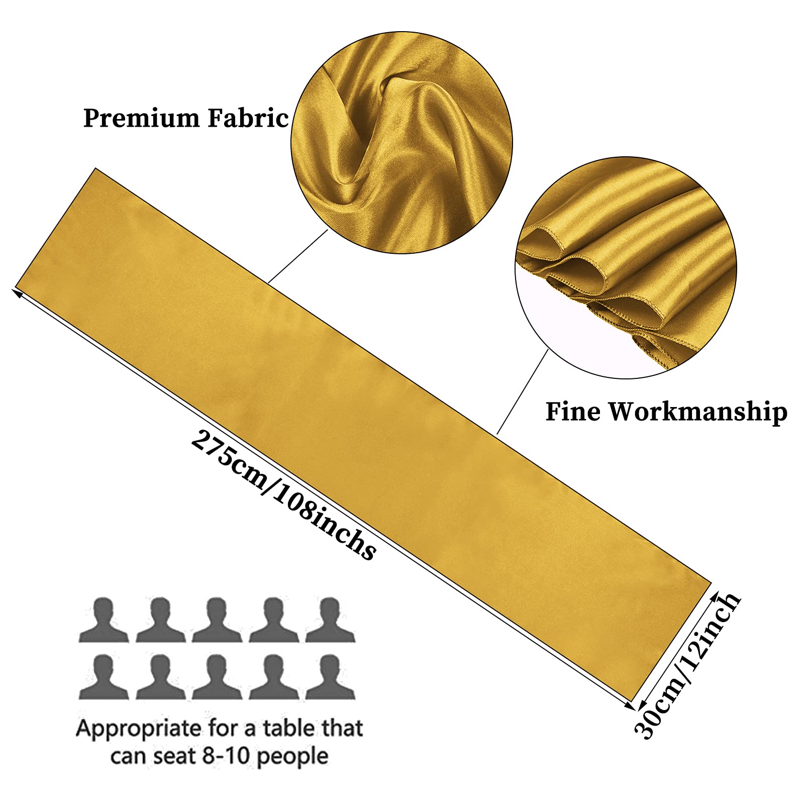 10-Pack Gold 12 X 108 Inches Long Premium Satin Table Runner For Wedding, Decorations For Birthday Parties, Banquets, Graduation