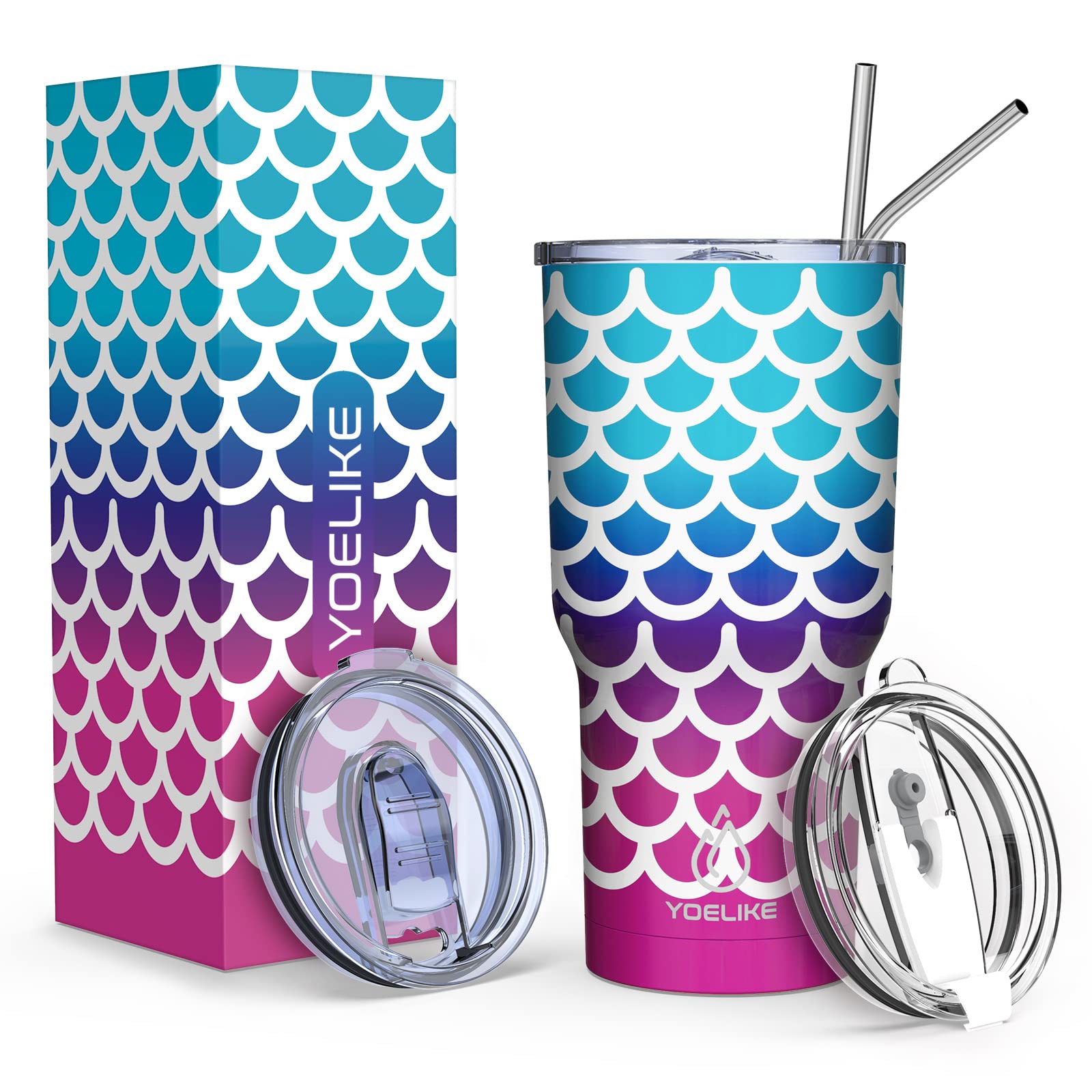 Yoelike Mermaid 30 Oz Stainless Steel Double Wall Vacuum Insulated Tumbler With 2 Straws, 2 Splash Proof Lid, 1 Straw Cleaning B