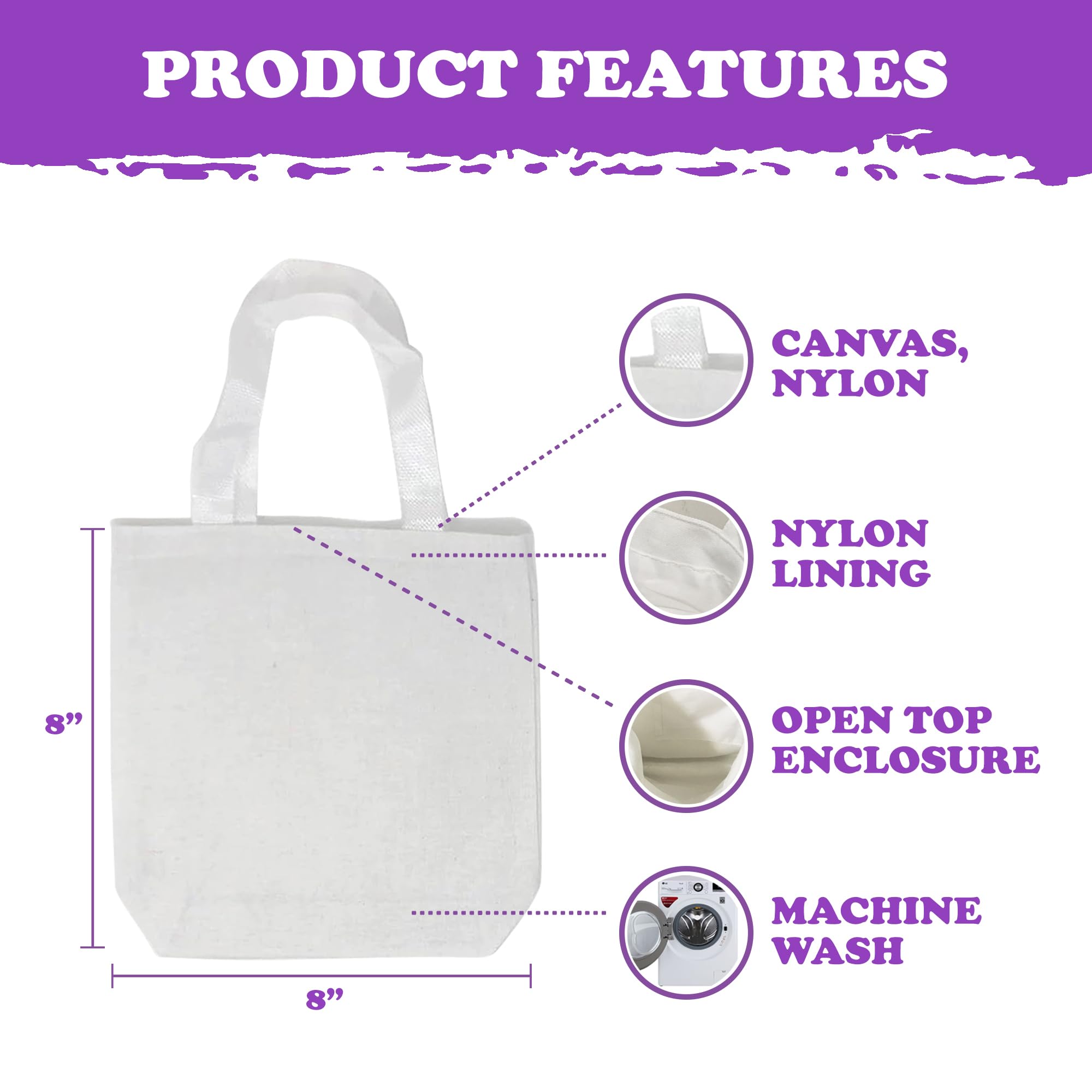 Podzly 12 Diy Blank Mini Canvas Tote Bags - 8''X 8'' X 1 1/2'' Tote Bag, Perfect For Arts, Crafts And Goodie Bags - Write, Paint