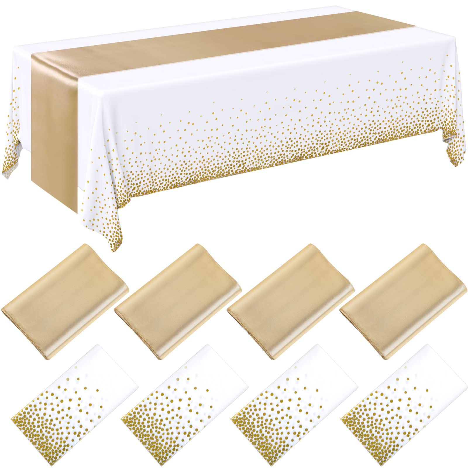 Breling 8 Pack First Communion White And Gold Disposable Plastic Tablecloths And Satin Table Runner Set, 54 X 108 Inch Tableclot