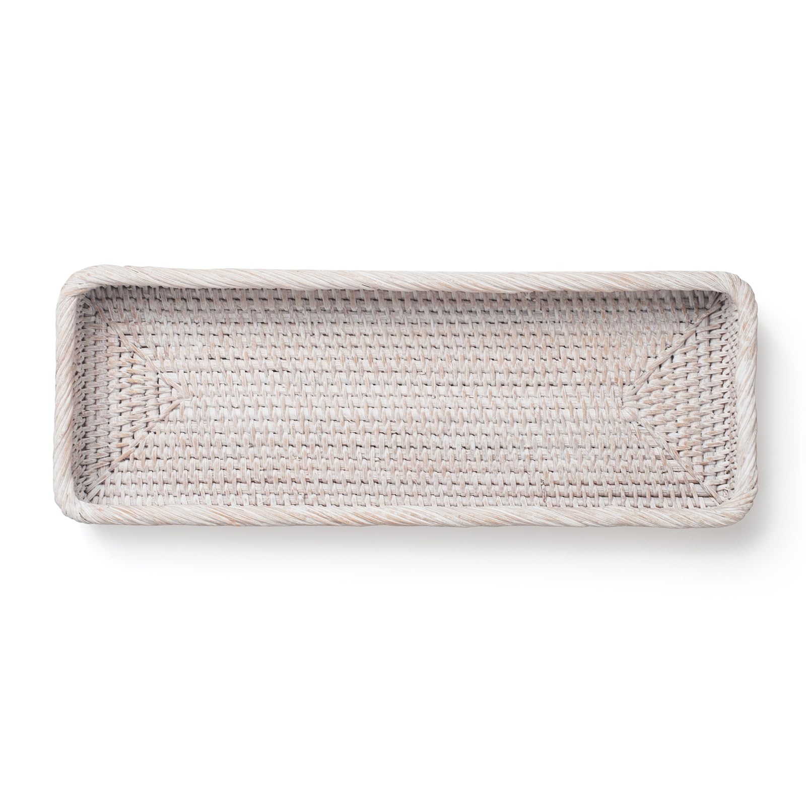 Rattan Bathroom Vanity Trays Toilet Tank Baskets Long Narrow Hand Towel Storage Basket For Storage, Decorative (Whitewash 16.3 X