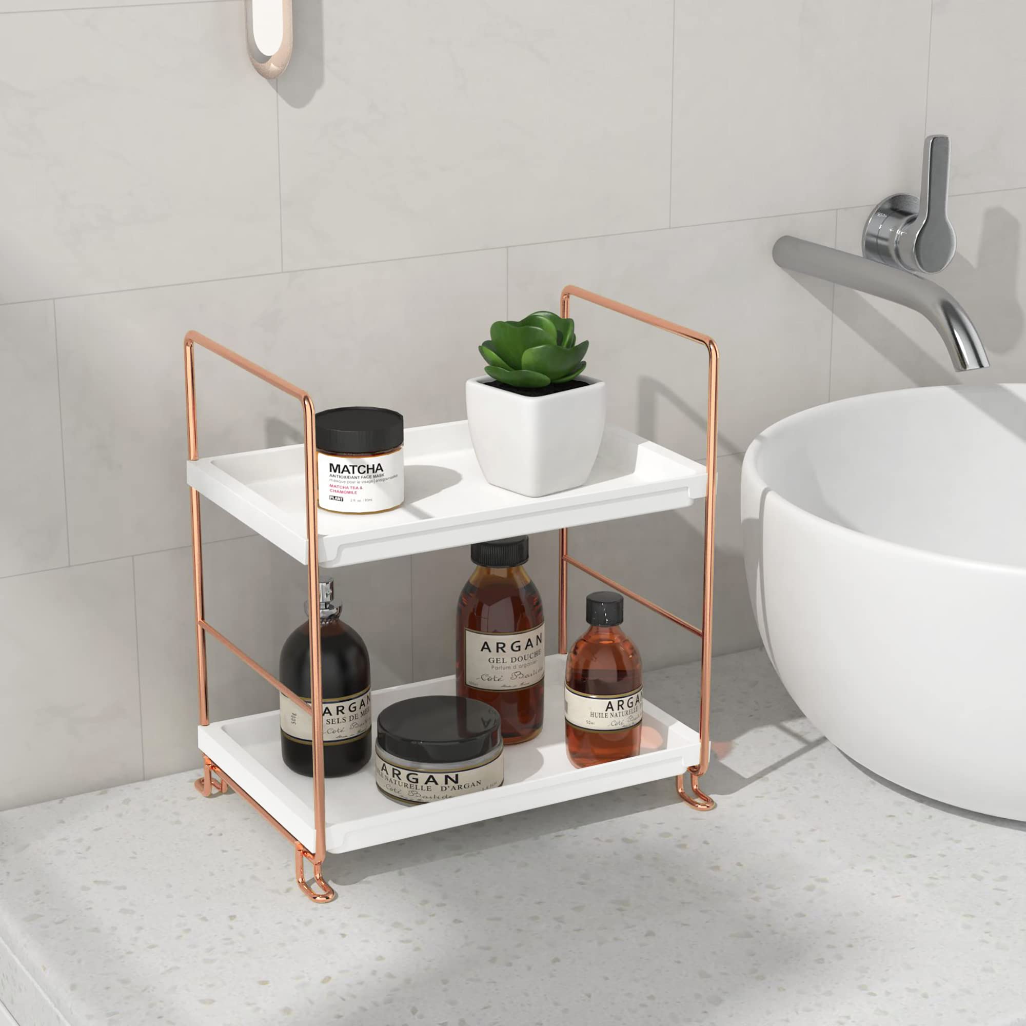 Fsyueyun 2-Tier Bathroom Counter Organizer, Tool-Free Installation Vanity Makeup Tray Skincare Shelf Perfume Stand For Dresser B