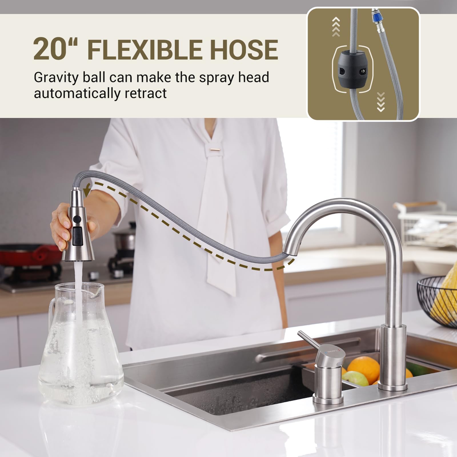 Dayone 2 Holes Kitchen Faucet, Two Holes Stainless Steel Brushed Nickel Kitchen Sink Faucet With Side Single Handle & Pull Down