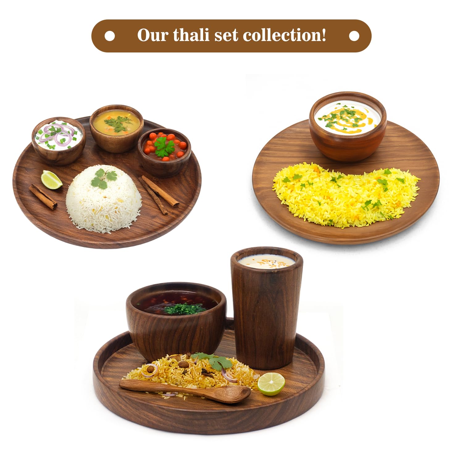 Mahomade Wooden Thali Dining Set | Wooden Plate With Bowls | 10 Inches Plate, 3.5 Inches Bowl | Wooden Serving Dinner Set