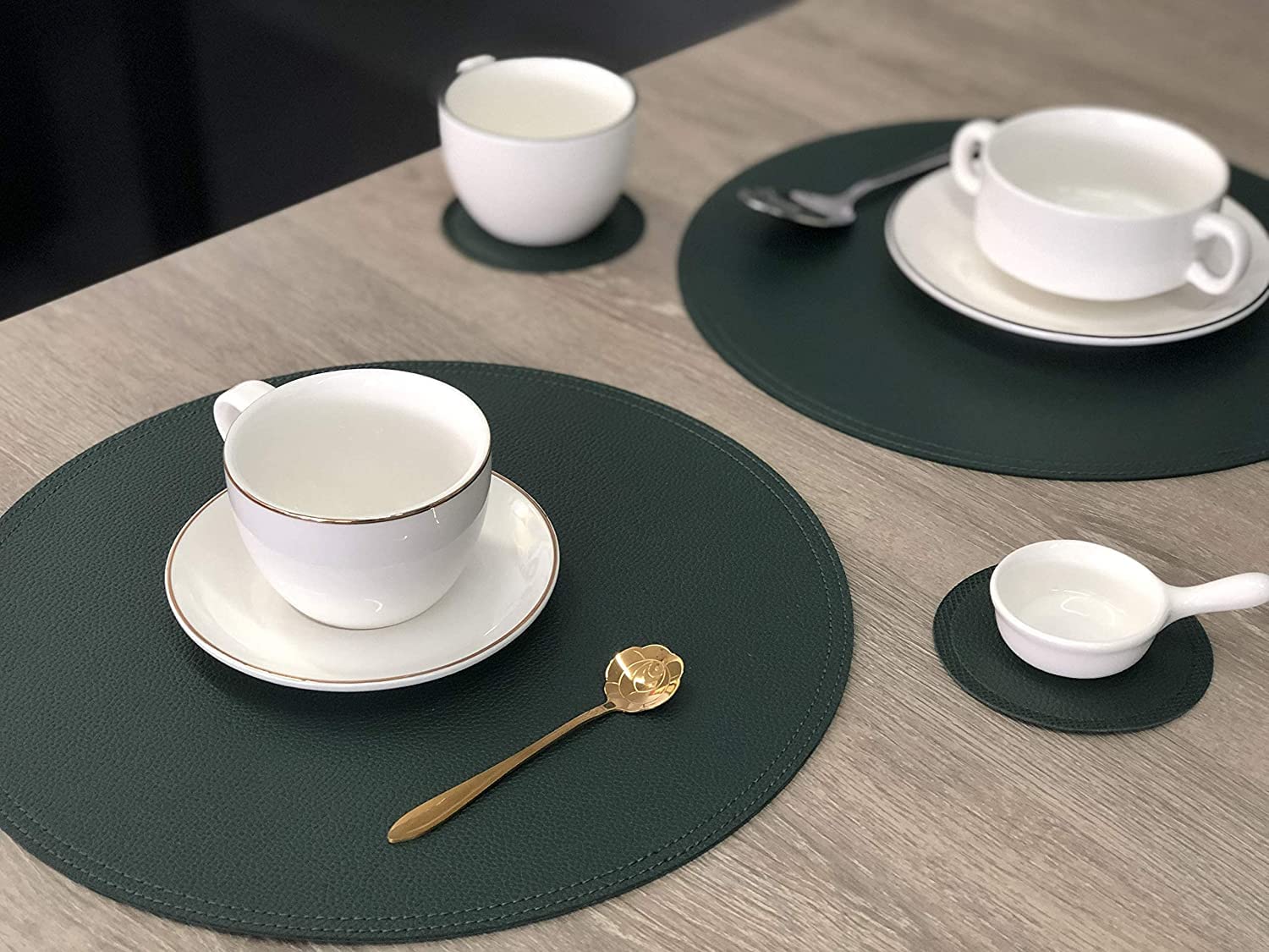 Set Of 6 Faux Leather Round Placemats And Coasters, Disko Table Mats And Drink Spills Coasters, Easy To Clean, Double Stitched F