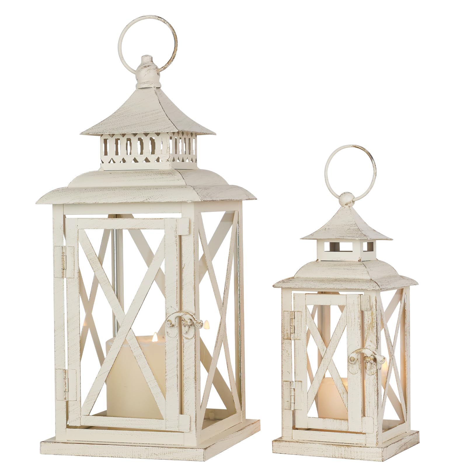 Lanterns Decorative Outdoor&Indoor, Set of 2 (14&10) Beige Metal Lantern Decor with Glass, Candle Holder for Porch, Patio, Garde