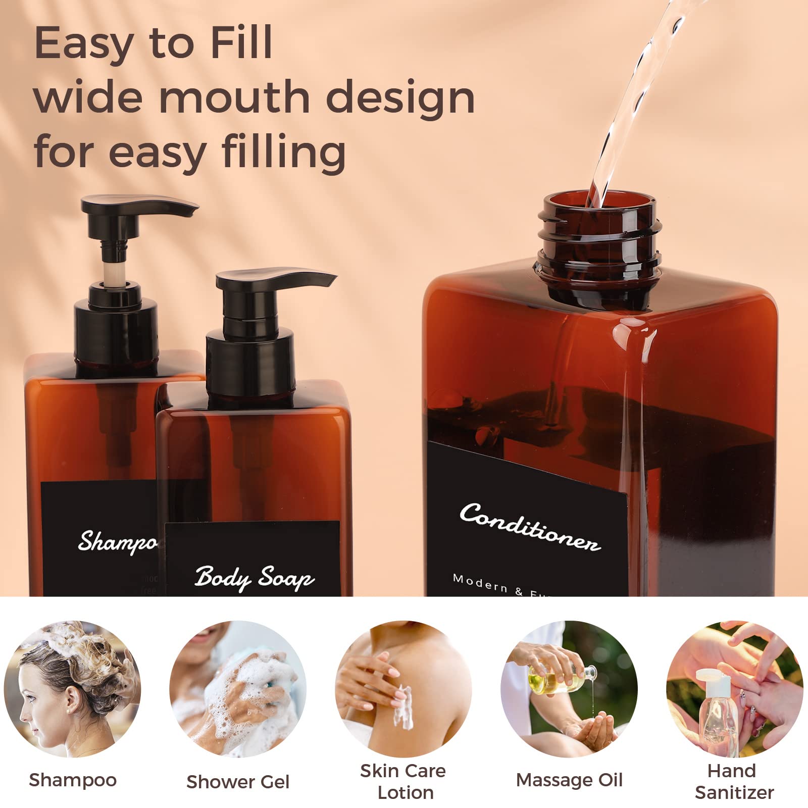 Suream Amber Shampoo And Conditioner Dispenser With Black Plastic Pump, 16.9Oz Refillable Shower Bottle For Bathroom, Empty Cont