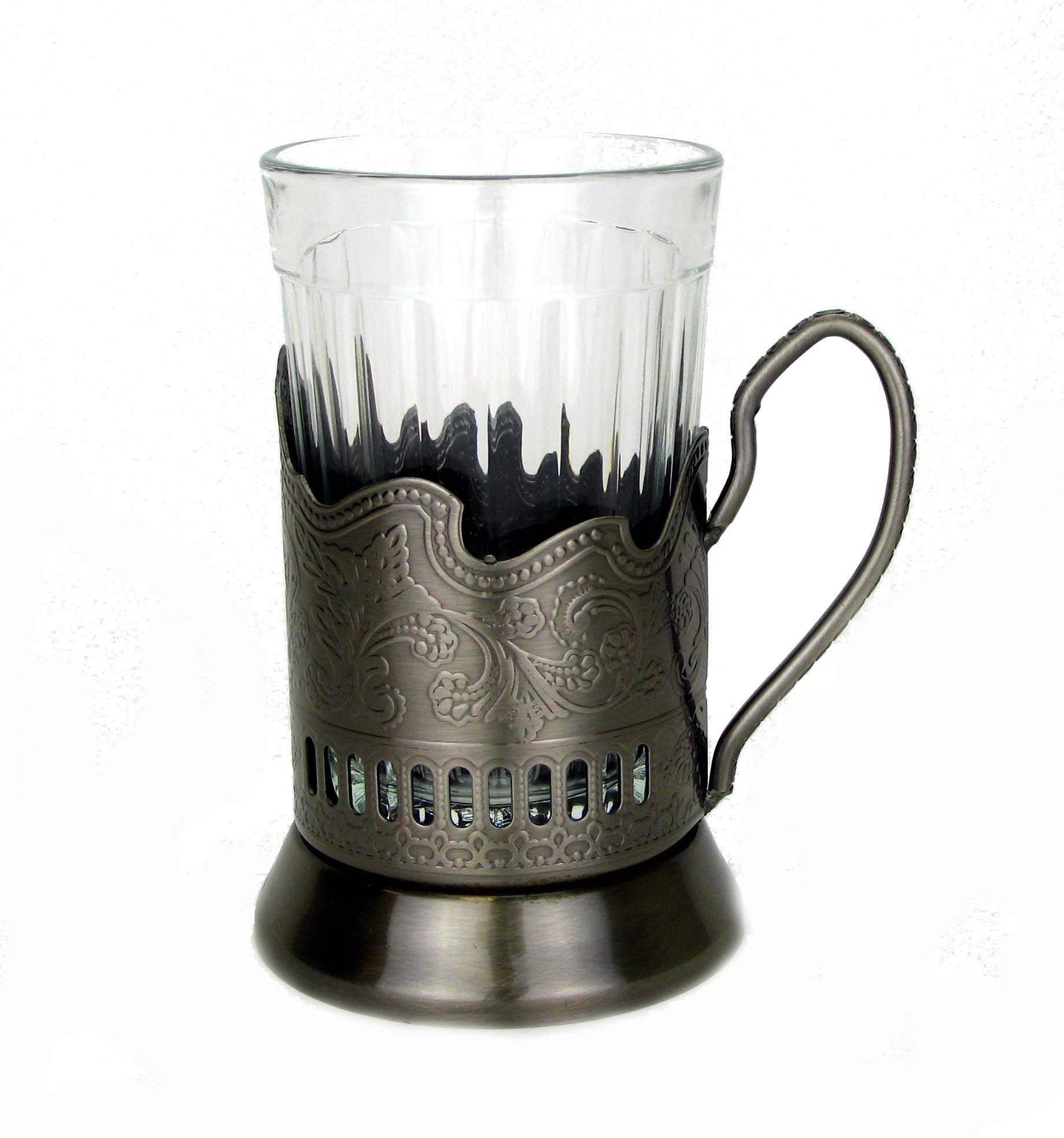 Russian Granyonyi Square Faceted Drinking Tea Glass w/Metal Holder Podstakannik for Hot or Cold Liquids, Soviet Vintage Design G