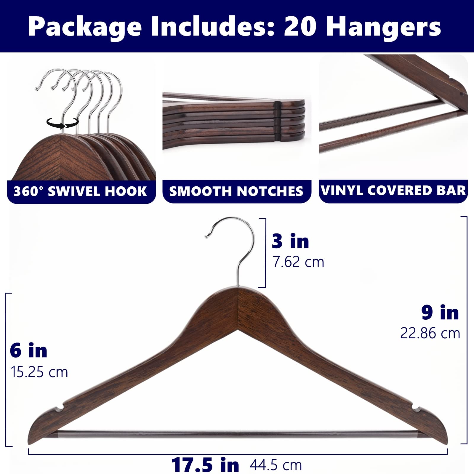 Amber Home Solid Wood Suit Coat Hangers 20 Pack  Smooth Retro Finish Wooden Dress Hangers with Non Slip Pant Bar  Clothes Hangers with 360 Swivel Hook & Notches for Jacket  Pant  Shirt (Retro  20)