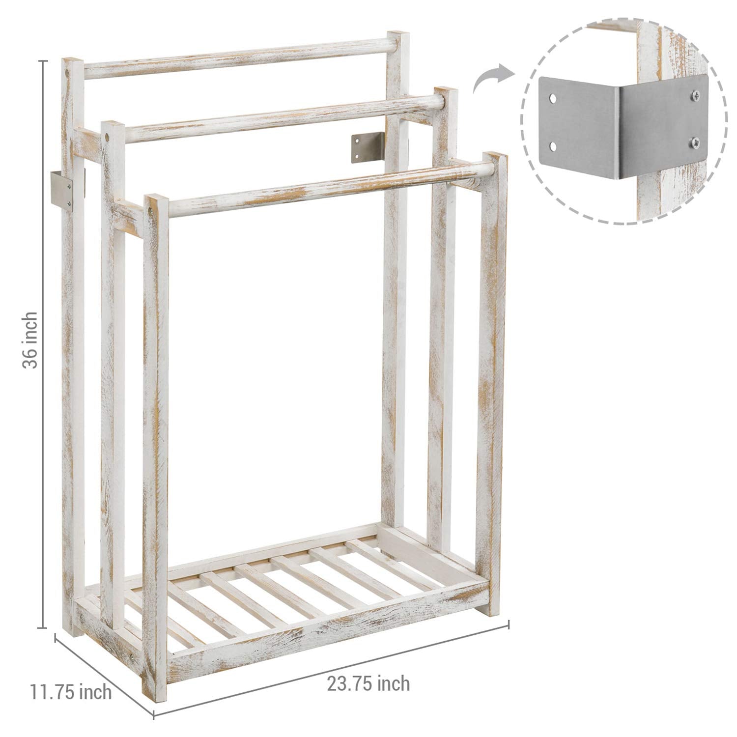 Mygift Shabby Whitewashed Wood Freestanding 3 Bar Towel Rack Holder With Bottom Storage Shelf, Laundry And Bathroom Towel Drying