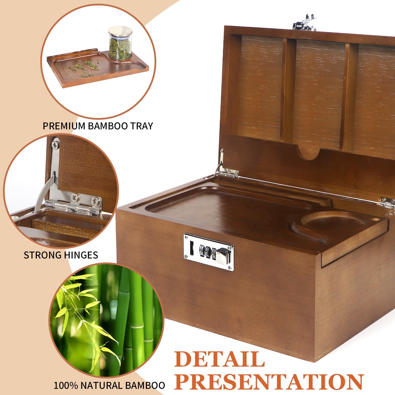 Large Brown Bamboo Box with Combination Lock, Decorative Storage Box with Removable Tray & Detachable Compartment, Wooden Box wi