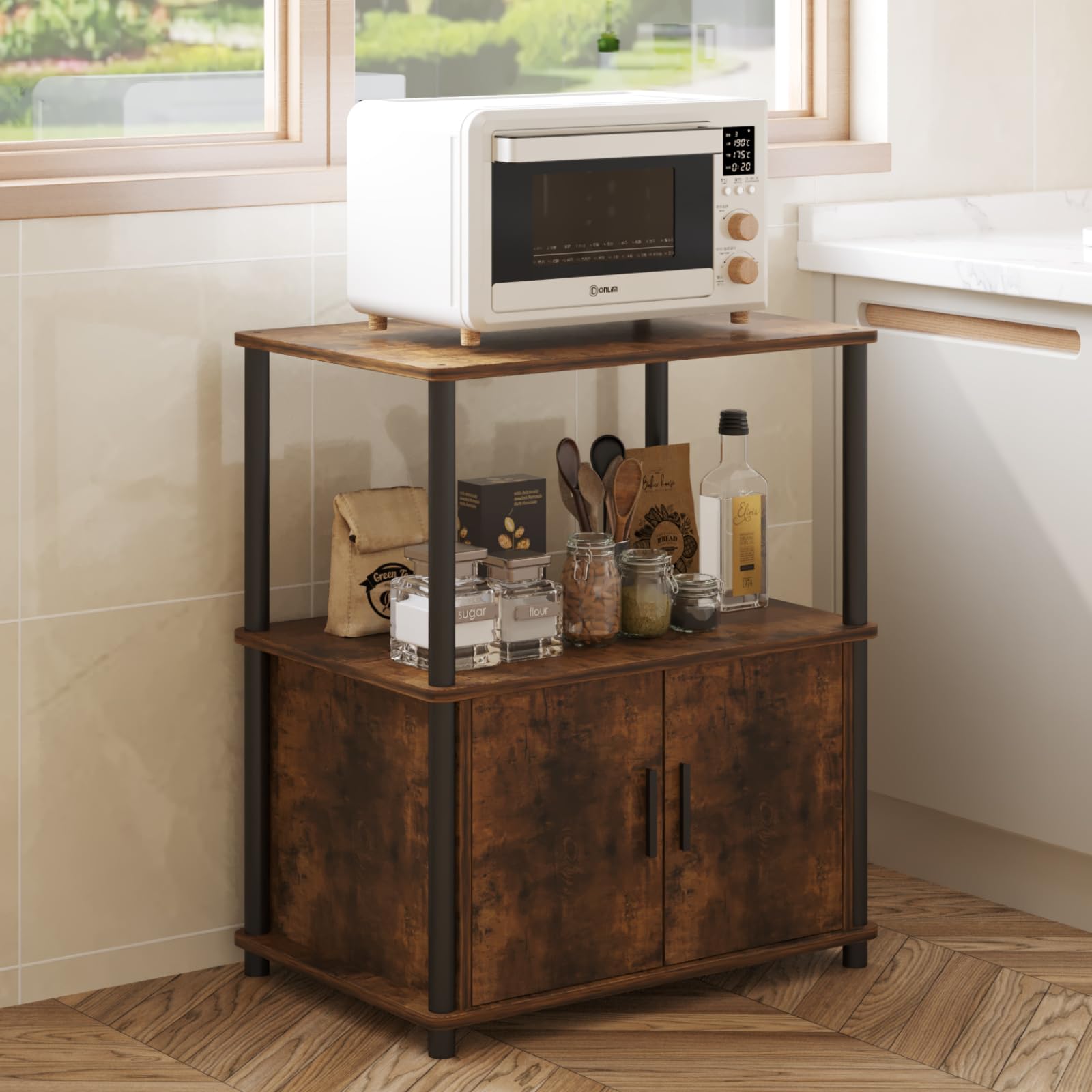 Home Cube 2Tier Microwave Stand With Storage Cabinet, Standing Shelf Unit With Door, Kitchen Storage Rack, BakerS Rack, Booksh