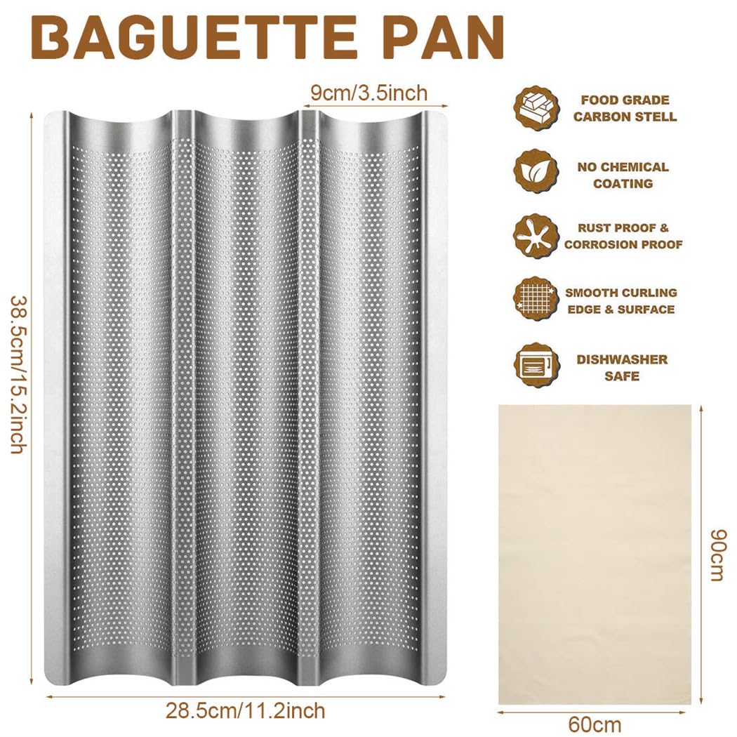 Baguette Pan Nonstick Baguette Pans 3 Loaves French Bread Pan Bread Tray With Thick Proofing Cloth Dough Couche Long Sourdough B