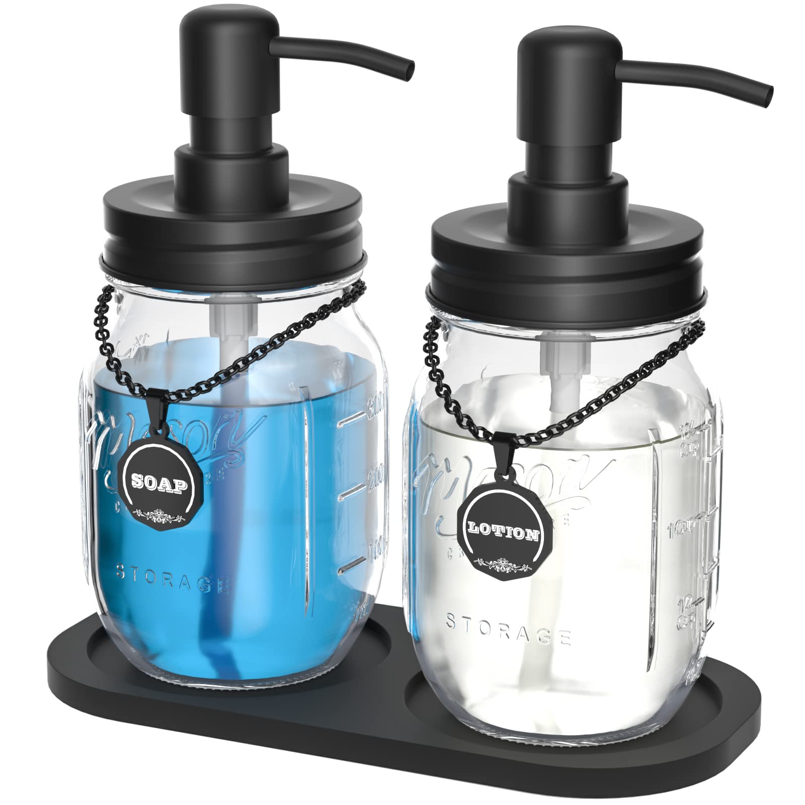 Mason Jar Soap Dispenser Set with 16 Ounce Mason Jar, Non-Slip Coaster, Made from Rust Proof Stainless Steel, Soap Labels (Black