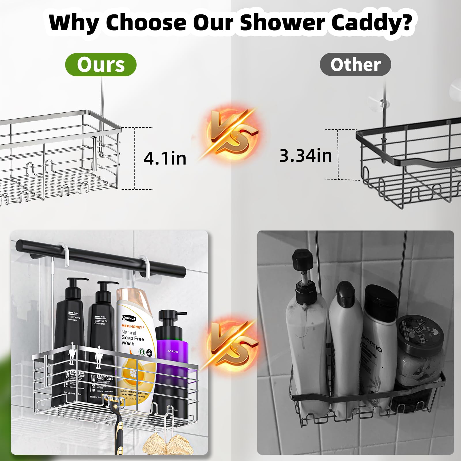 Shanshui Shower Hanging Caddy, Bathroom Shower Organizer Basket, Shampoo Bracket, Over Door Shower Rack With Hooks, 304 Stainles