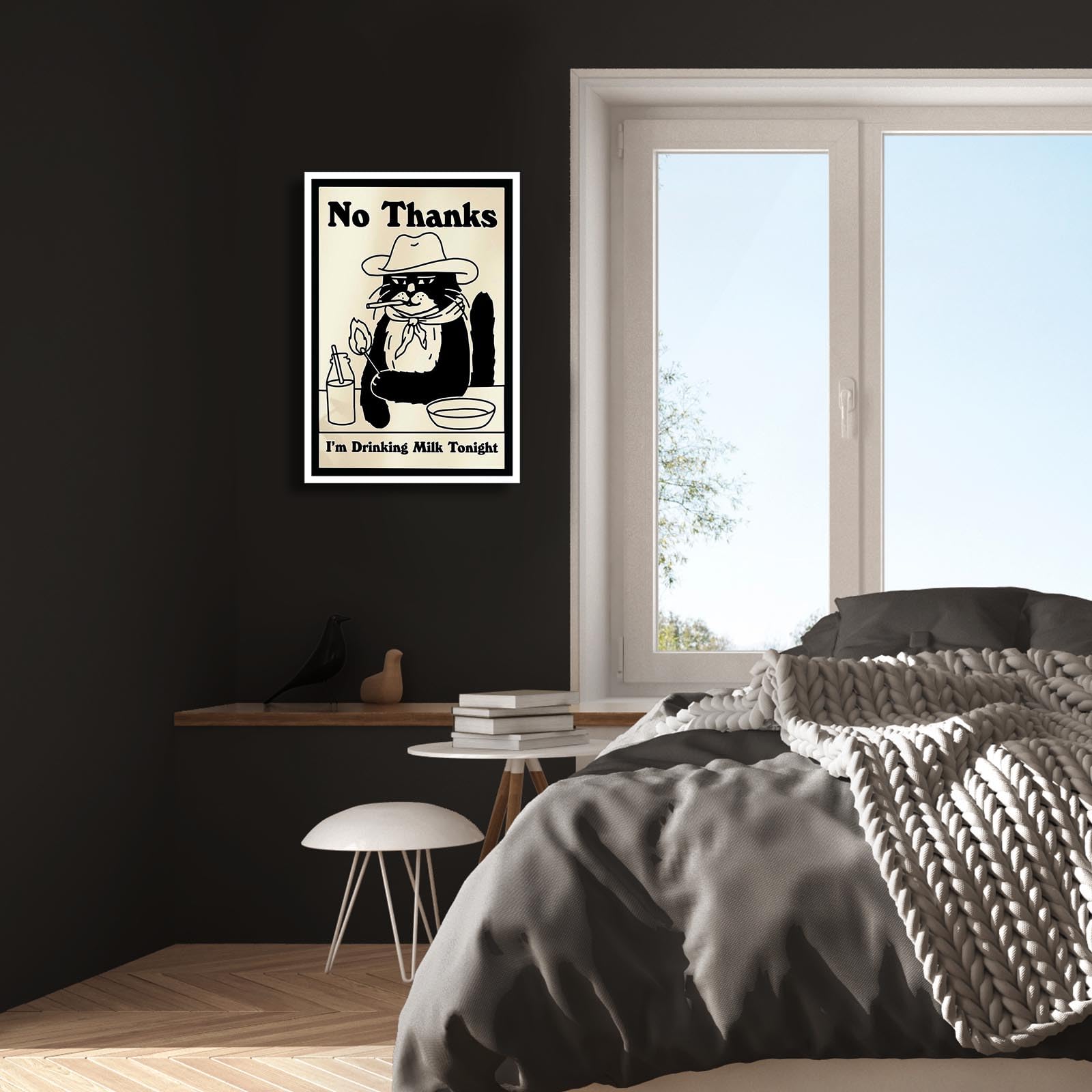 Tyohu Retro No Thanks I'M Drinking Milk Tonight Posters Cute Funny Cowboy Cat Art Trendy Black And White Drink Printed Matter Fo