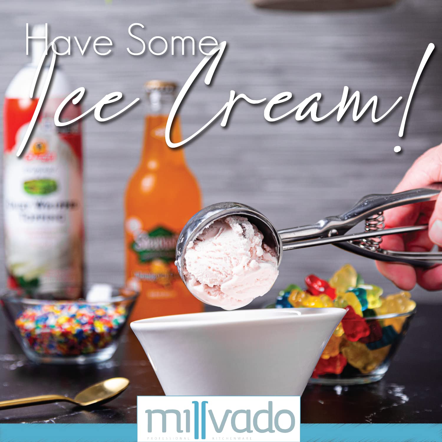 Millvado Stainless Steel Ice Cream And Cookie Scoop | Large Sized, Spring Loaded Lever Design, For Sorbet, Melon, Meatballs, Muf