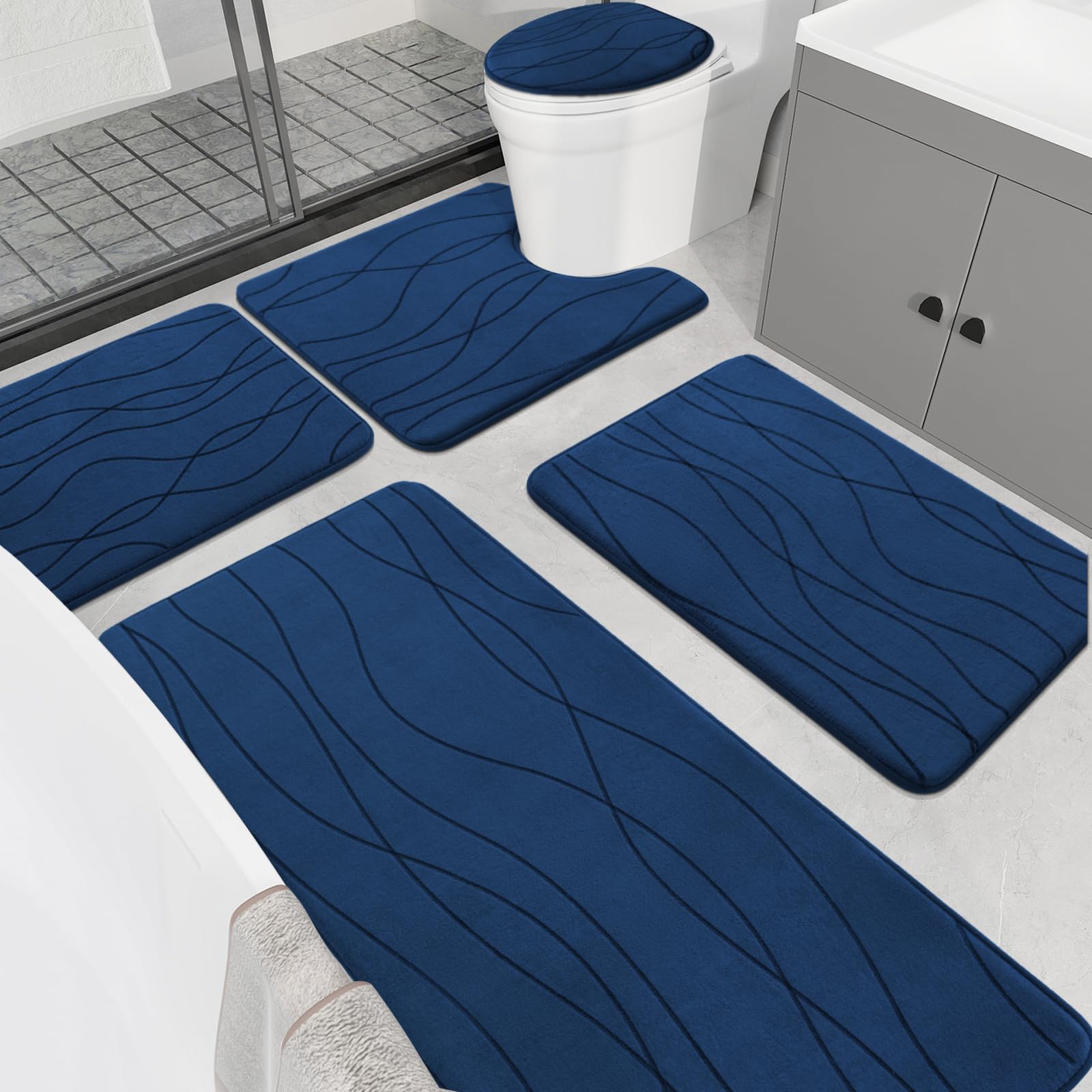 Yihouse Memory Foam Blue Bathroom Rug Sets 5 Piece, Ultra Absorbent Bath Mat For Bathroom - Non-Slip Machine Washable & Dry Quic
