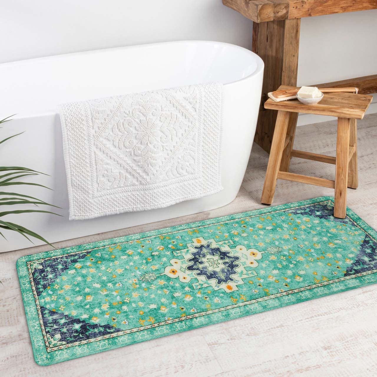 Uphome Boho Vintage Bathroom Runner Rug Green Non-Slip Soft Long Bathroom Rugs Machine Washable Oriental Bath Mat Traditional Tr