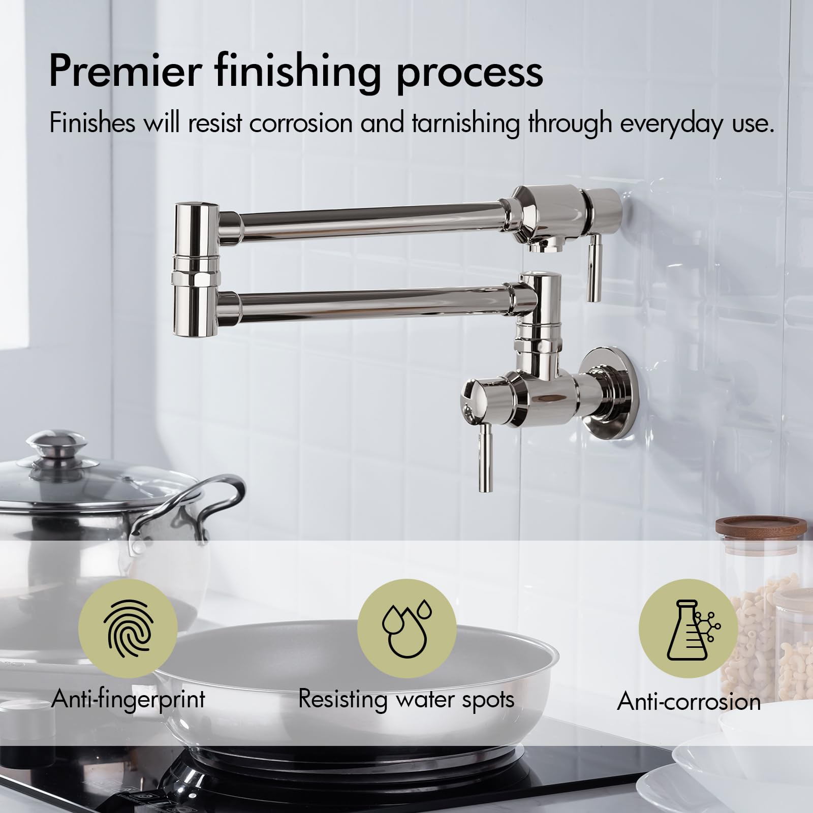 Bagnolux Polished Nickel Pot Filler Faucet, Traditional Pot Filler Wall Mount Kitchen Faucet Brass 2 Handles With Double-Jointed