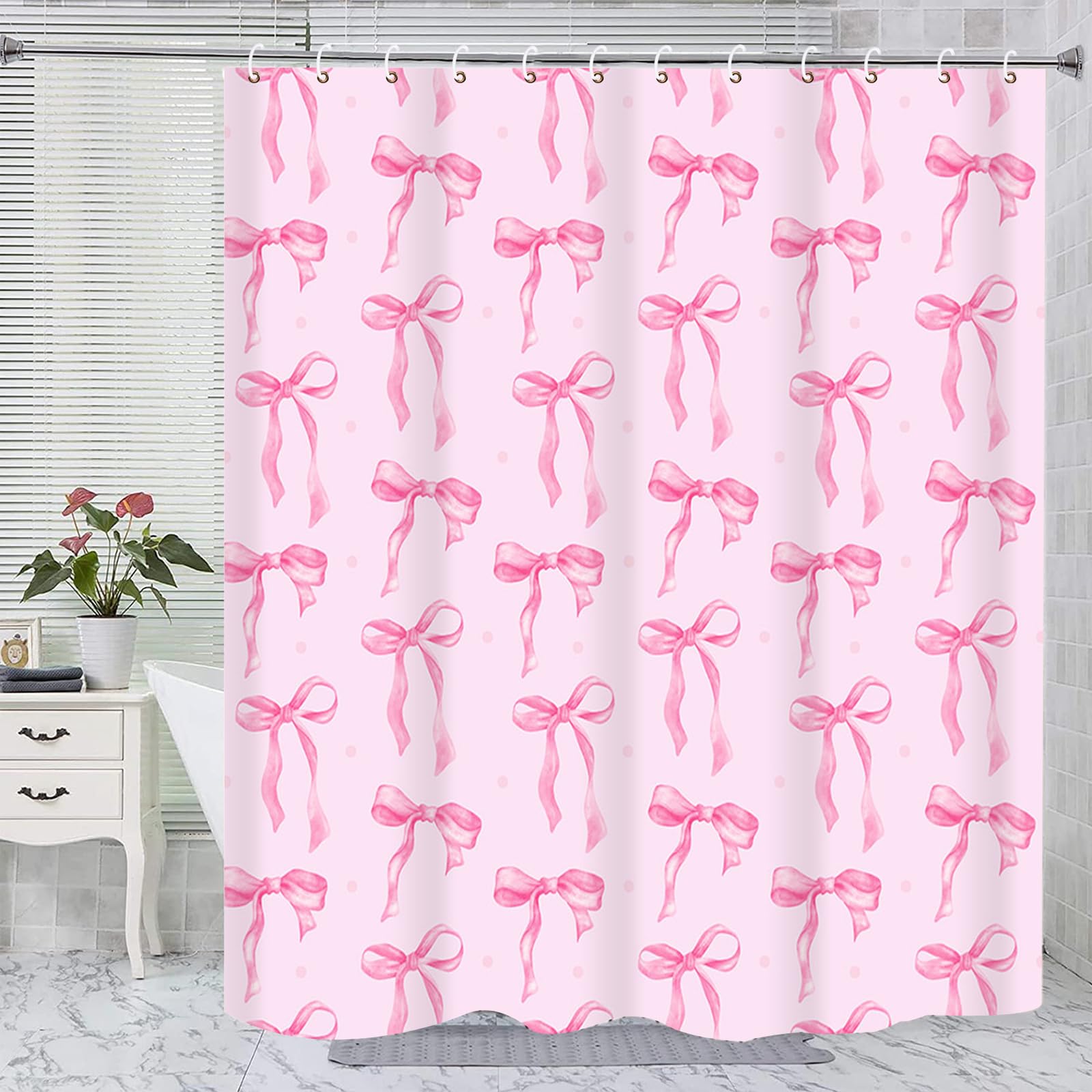 Pink Shower Curtain with Bows Shower Curtain Set, Waterproof Cloth Pink Bow Bathtub Shower Curtains with Hooks, Cute Bow Bathroo