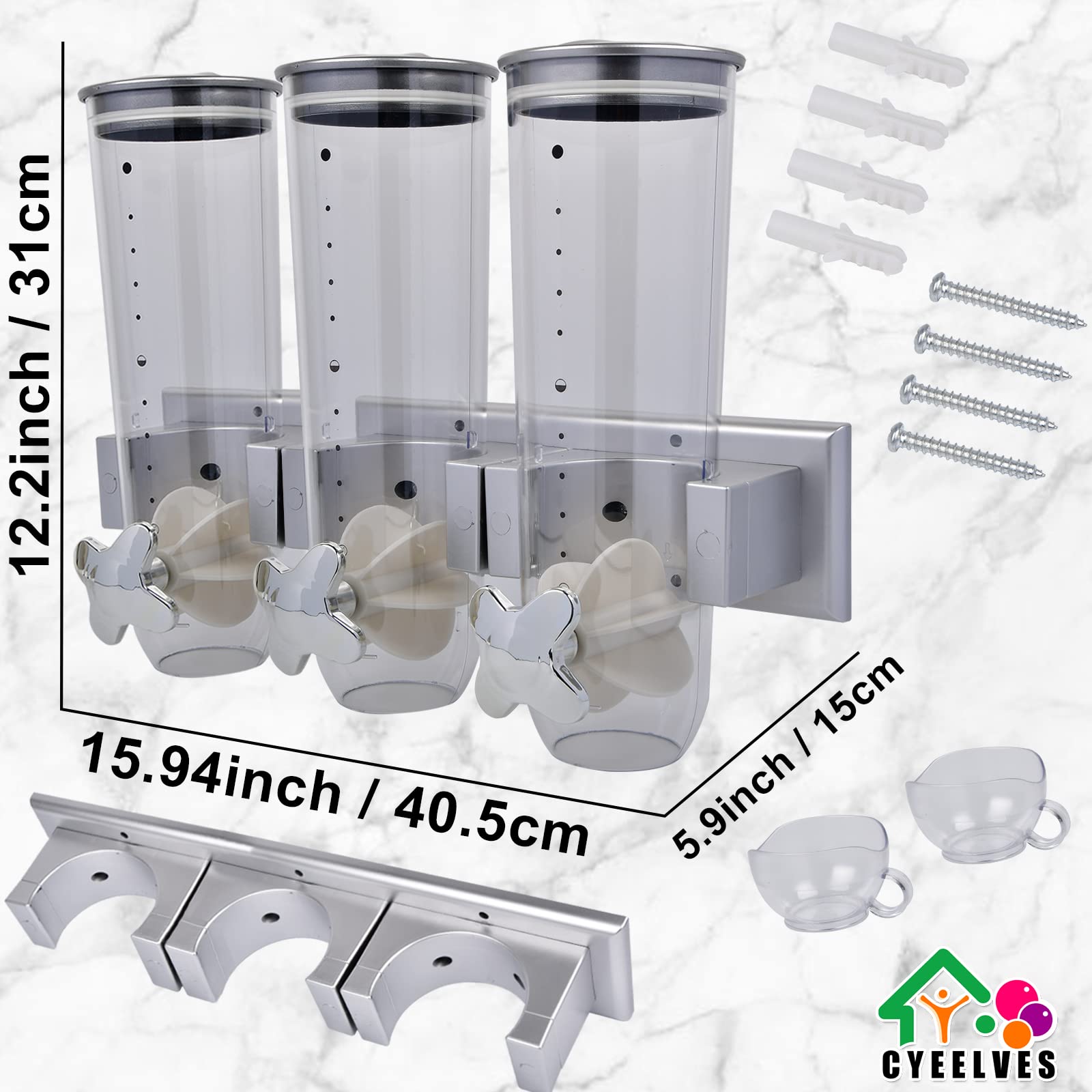 Food Dispenser Wall Mounted Grain Dispenser, Cereal Dispenser With Cup, Dry Food Dispenser Wall Mounted Triple Cereal Dispenser,