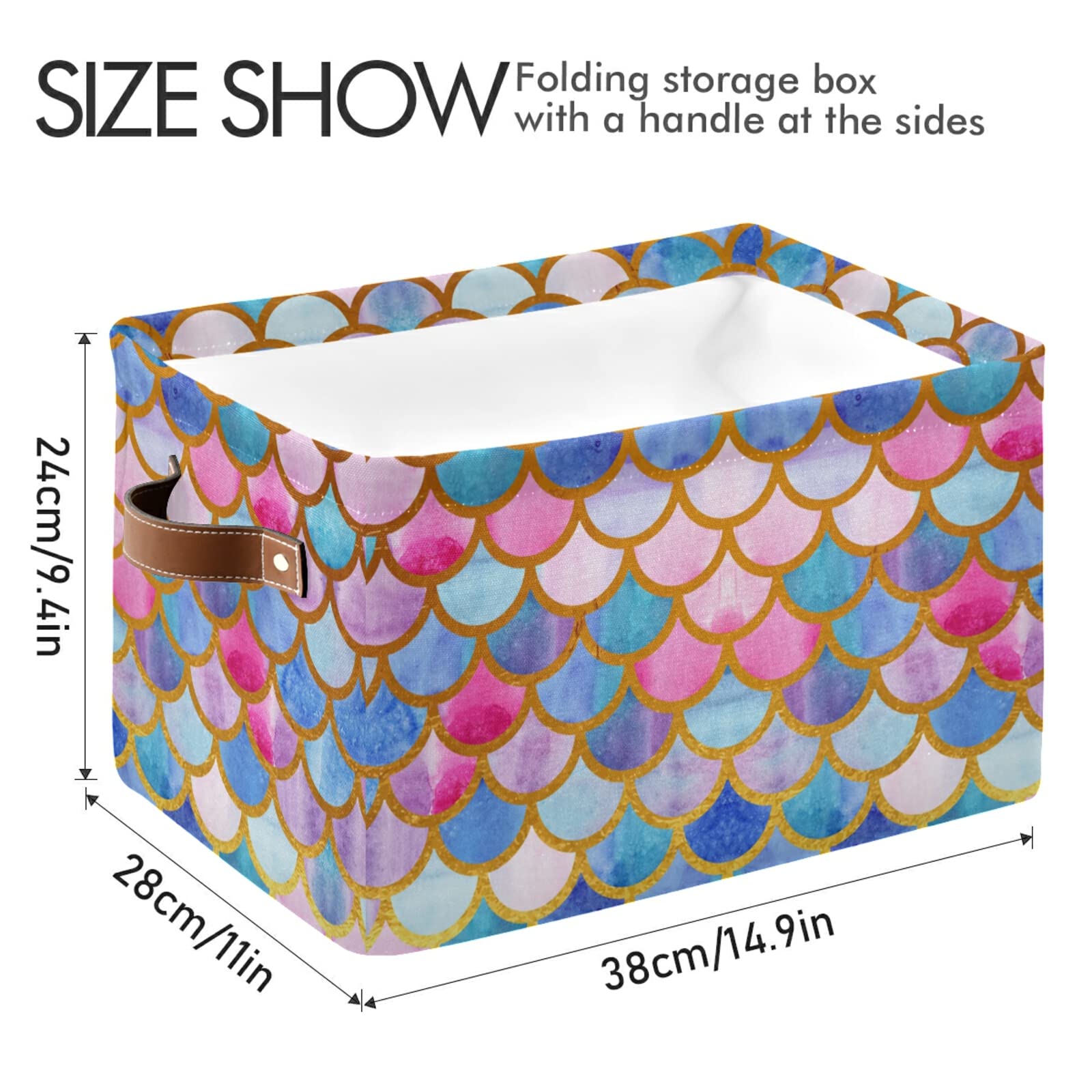 Rectangular Storage Basket Storage Bin - Mermaid Fish Scales Colorful Collapsible Storage Box With Leather Handles Shelves Baske