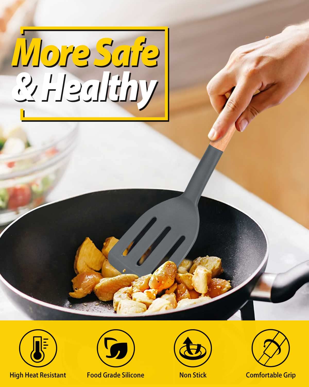 Pack Of 2 Silicone Cooking Spatula, Heat Resistant Solid Turner, Non Stick Slotted Spatulas With Wooden Short Handle,Ideal Wood