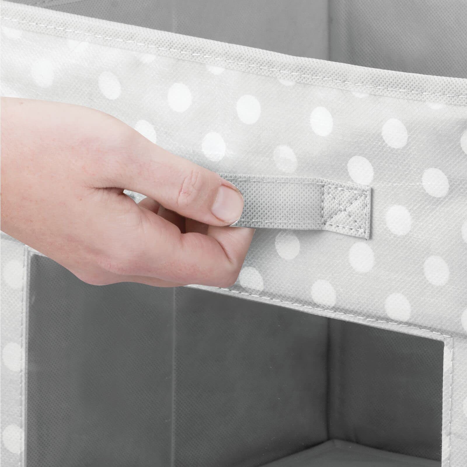 mDesign Fabric Nursery/Playroom Closet Storage Organizer Bin Box  Front Handle/Window for Cube Furniture Shelving Unit  Hold Toys  Clothes  Diapers  Bibs  4 Pack  Gray/White Polka Dot