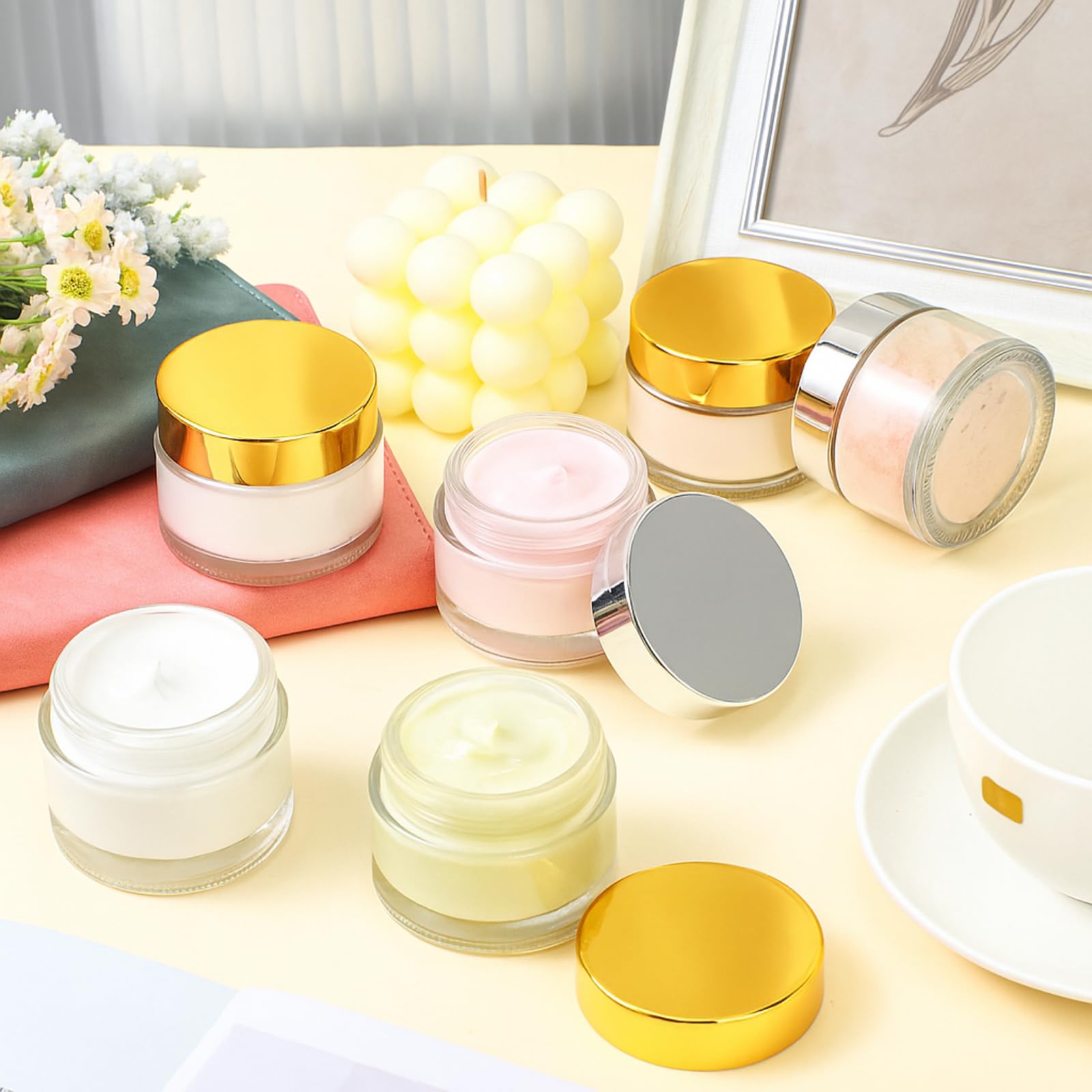 Meanplan 60 Pack 2 Oz Small Glass Jars With Lids Round Glass Sample Cosmetic Jars With Inner Liners For Condiment Containers Reu