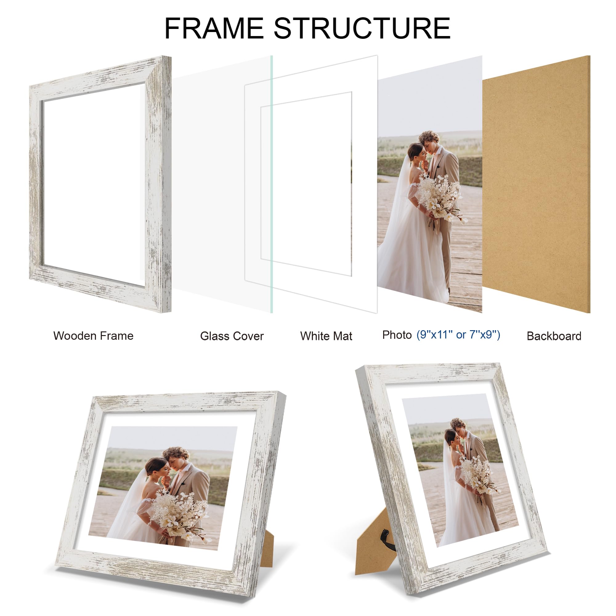 Hongkee 9x11 Picture Frame Set of 4, Made of Real Glass and Distressed White Frame - Display Picture 7x9 with Mat or 9x11 Withou