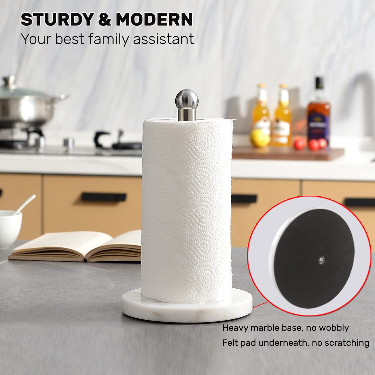 Paper Towel Holder With Sturdy Marble Base, Freestanding Paper Towel Holder Countertop, One-Handed Use, No Wobbly (Brushed Nicke