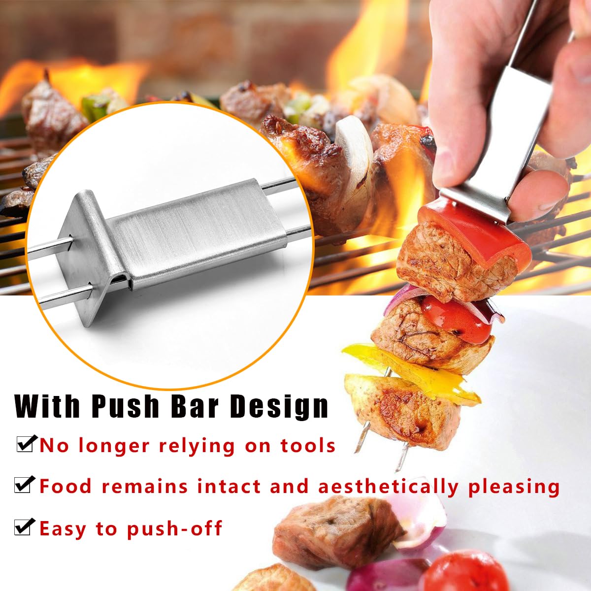 Lightique Kabob Skewers 17Inch Ultra Long Metal Skewers For Kabobs With Push Bar Skewers For Grilling Double Fork Anti-Roll Keba