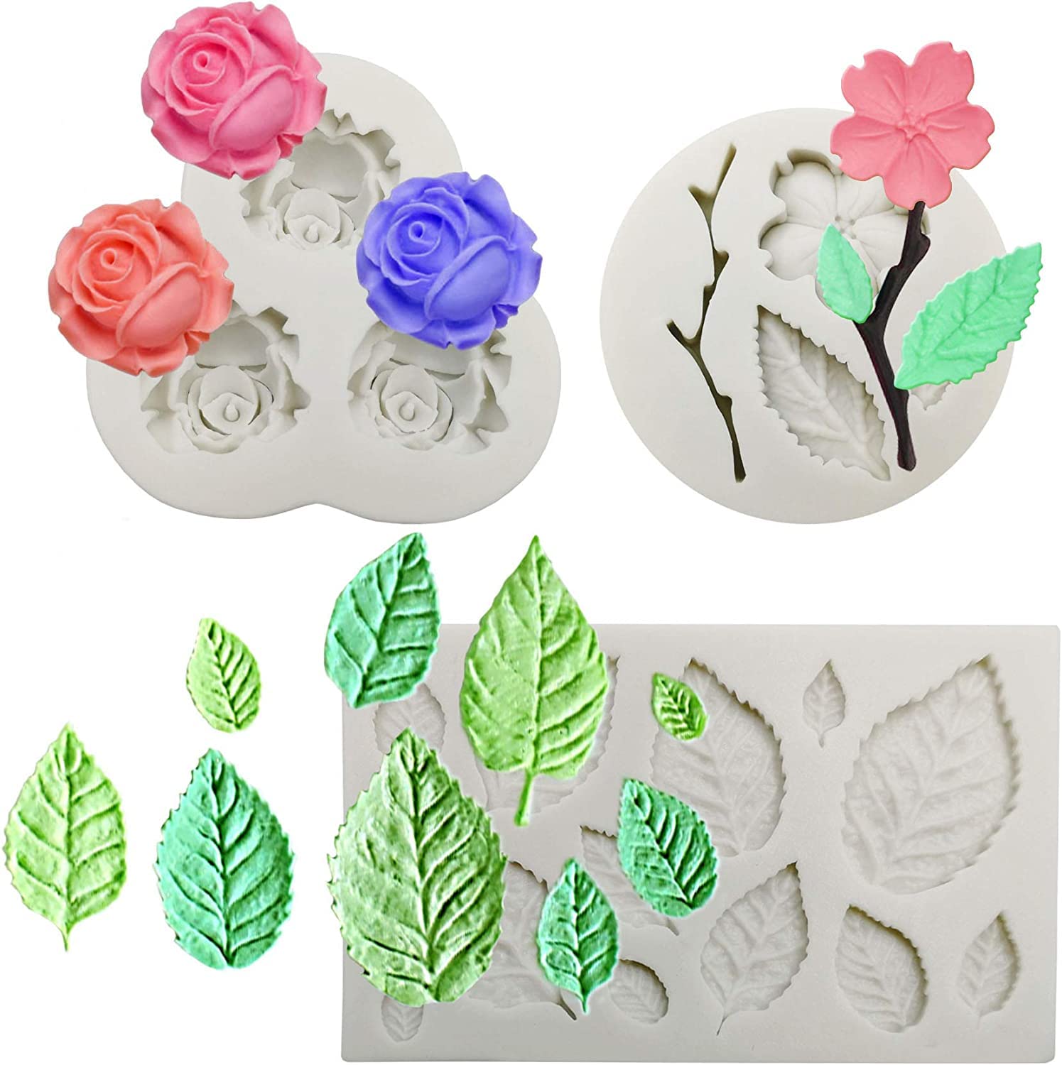 Flower Fondant Cake Molds 3 Pcs, Mini Flower Silicone Molds Roses Flower,Peach Flower And Leaf Molds, Candy Molds Set For Chocol