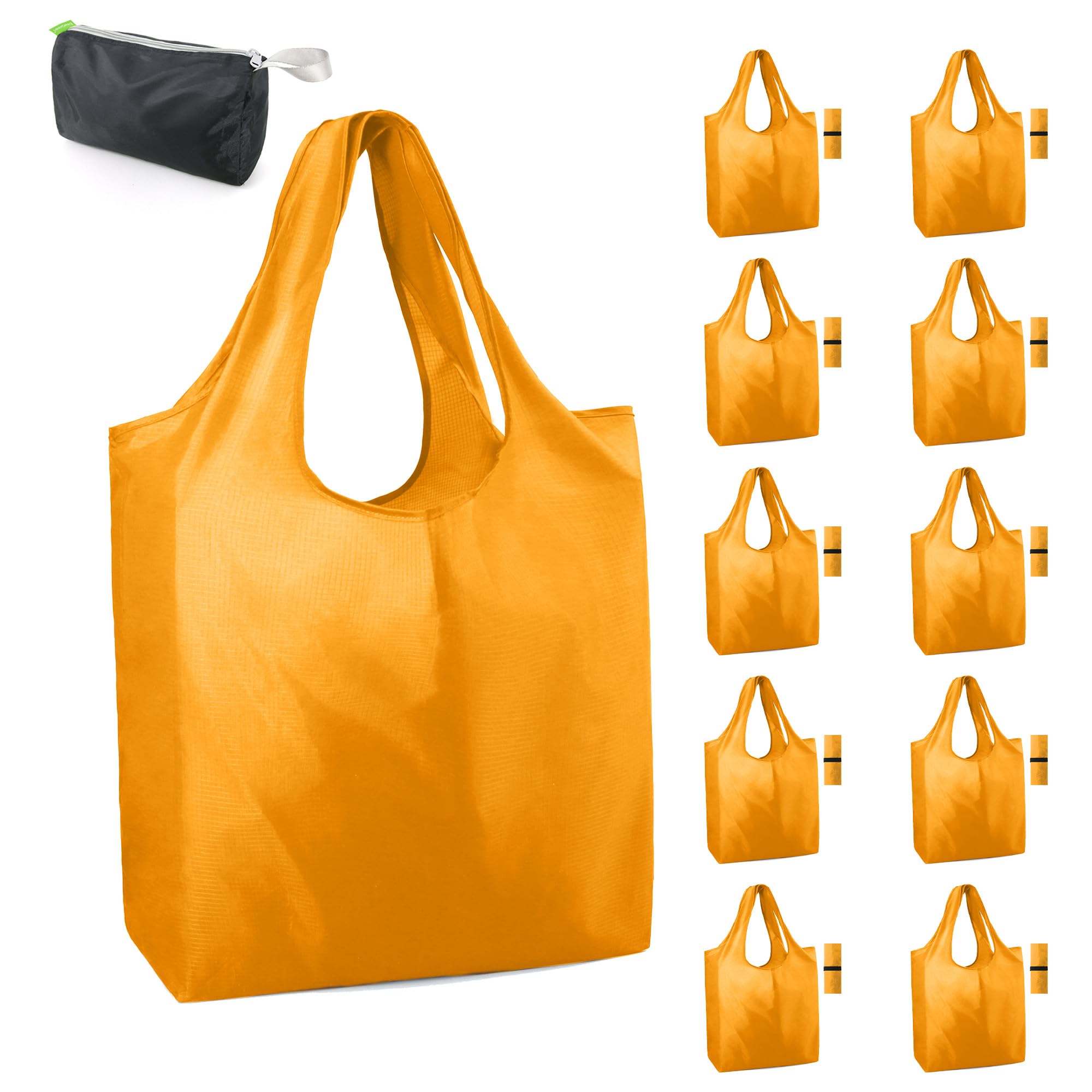 BeeGreen Yellow Reusable Grocery Bags Light Orange Shopping Bags Bulk 50LBS X-Large Foldable Heavy Duty 10 Pieces