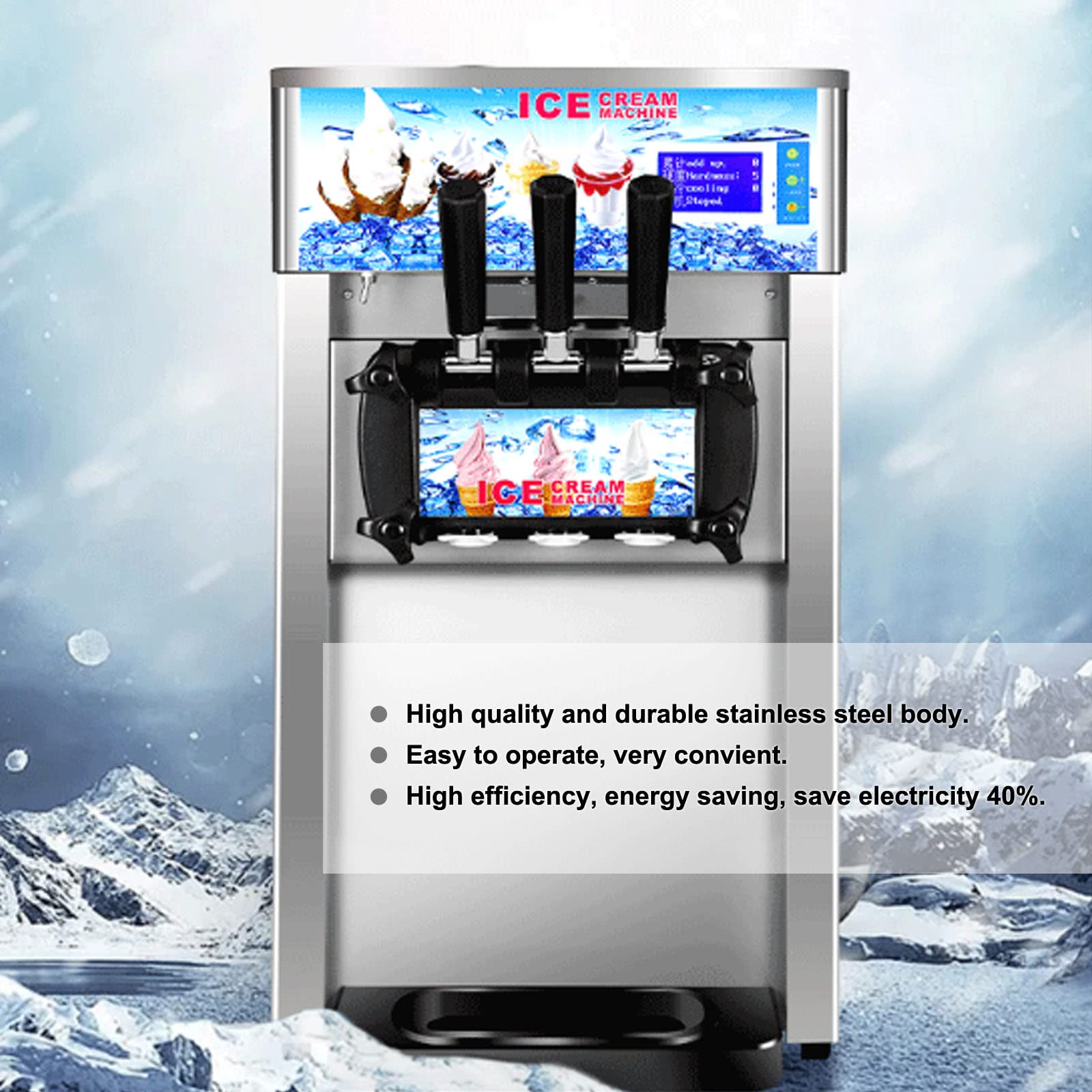 Lgxenzhuo 3 Flavor Soft Ice Cream Machine Commercial Soft Serve Ice Cream Maker Sorbet Frozen Yogurt Gelato Led Display Desktop