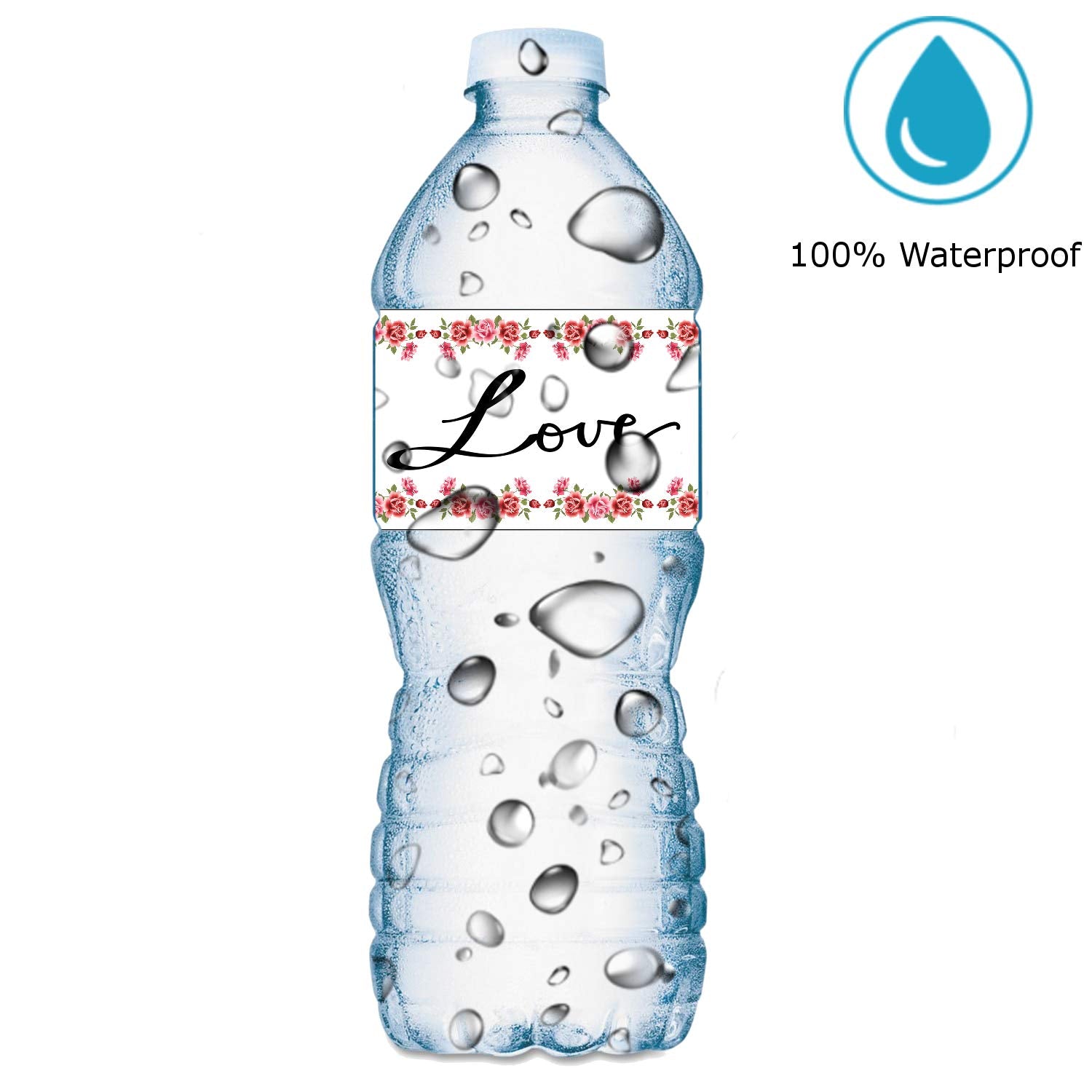 25 Love Roses Flowers Wedding Water Bottle Labels, Waterproof Water Bottle Wrappers. For Weddings, Valentines, Bridal Shower, En