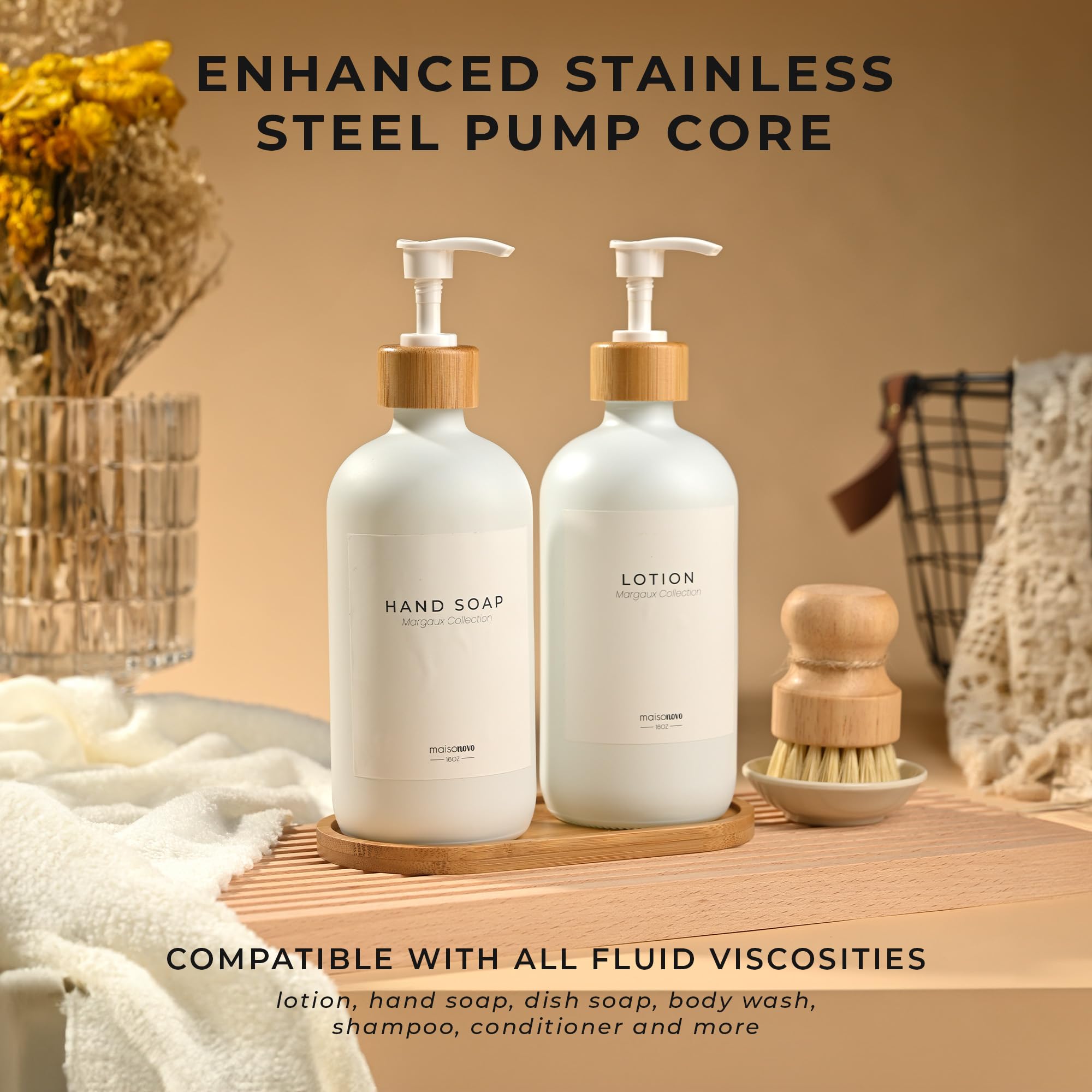Maisonovo Kitchen Soap Dispenser Set - Glass Soap Dispenser With Pump - White Bamboo White Pump 16.9 Fl Oz - Bathroom Soap Dispe
