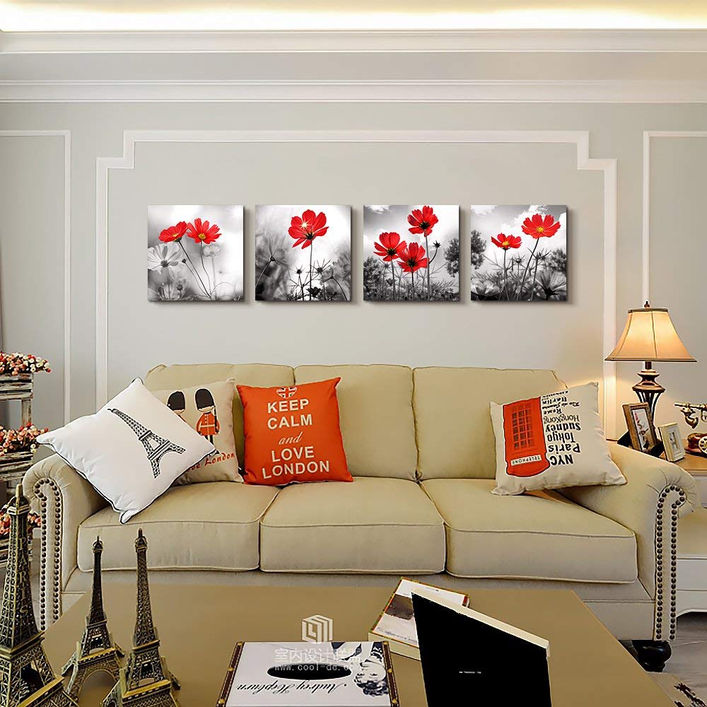 Wall Art 4Panel Modern Salon Theme Black And White Plant The Red Flower Flower Abstract Painting Still Life Canvas Wall Art For