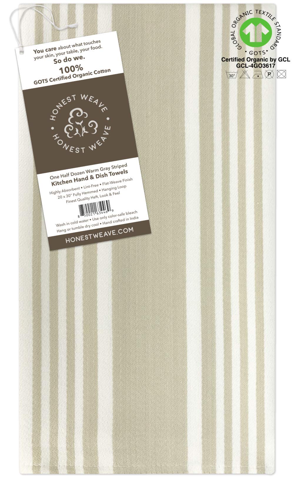 HONEST WEAVE GOTS Certified Organic Cotton Kitchen Hand and Dish Towel Sets - Oversized 20x30 inches  Fully Hemmed  in Designer Colors  6-Pack  Warm Gray/Taupe Stripe