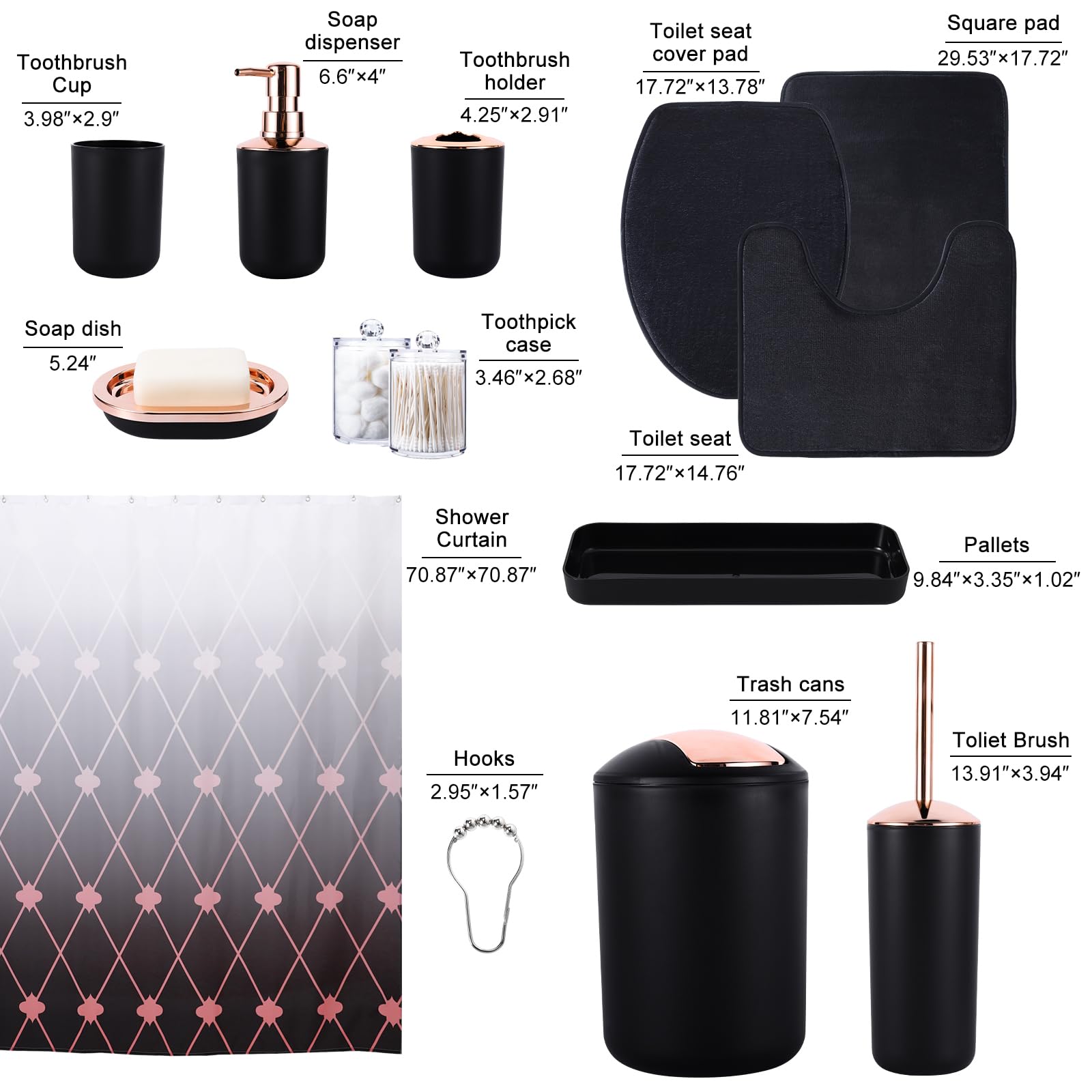 25Pc Black Bathroom Set With Shower Curtain And Rugs, Complete Bath Accessories - Trash Can, Soap Dispenser, Soap Dish, Toilet B