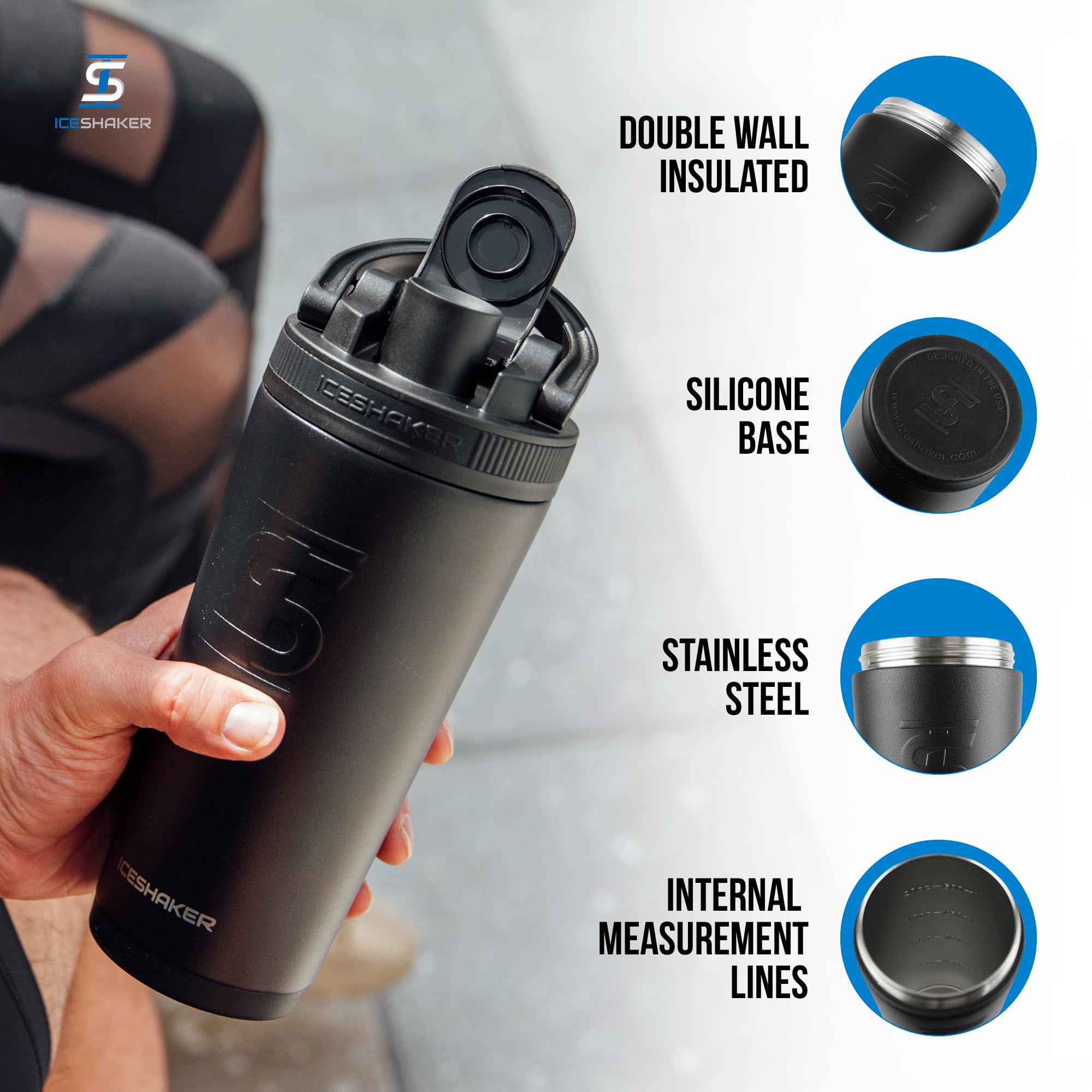 Ice Shaker Insulated Stainless Steel Shaker Bottle | 26Oz, Black | Cold For 30+ Hours | Insulated Cup With Twist-On Agitator | O