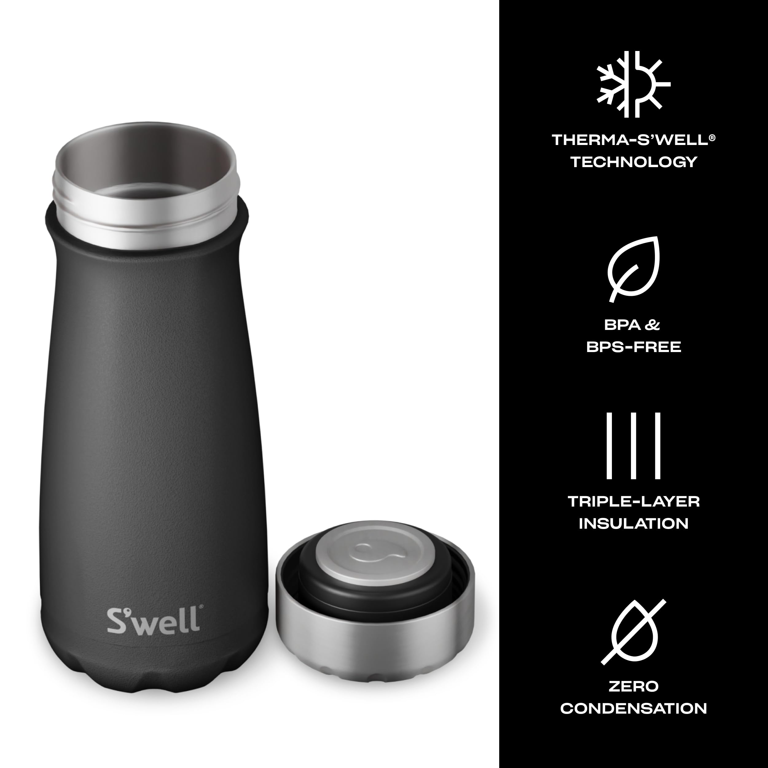 S'Well Stainless Steel Traveler, 16Oz, Onyx, Triple Layered Vacuum Insulated Containers Keeps Drinks Cold For 24 Hours And Hot F