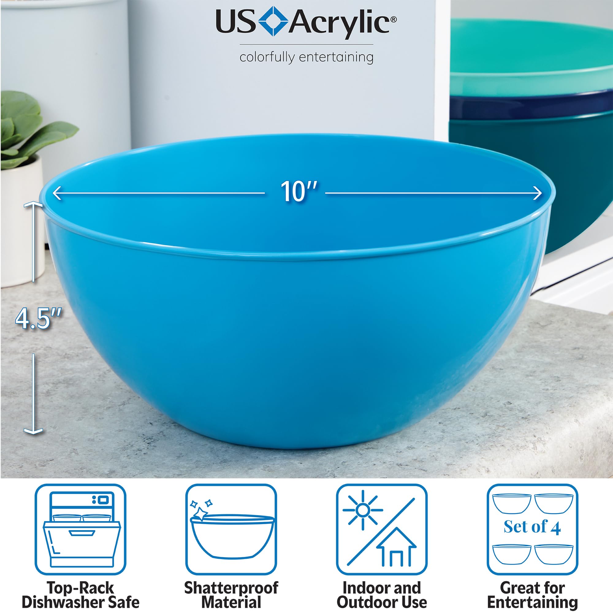Us Acrylic Vista Durable Plastic Salad And Serving 10-Inch Bowls | Set Of 4 In Coastal Colors | Reusable, Bpa-Free, Made In The